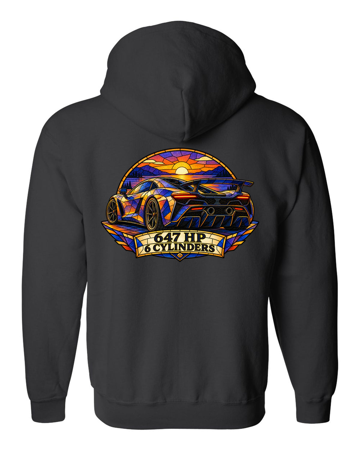 Ford GT 2017-2022 buttress profile in a stained-glass geometric print black zip hoodie back view with the design