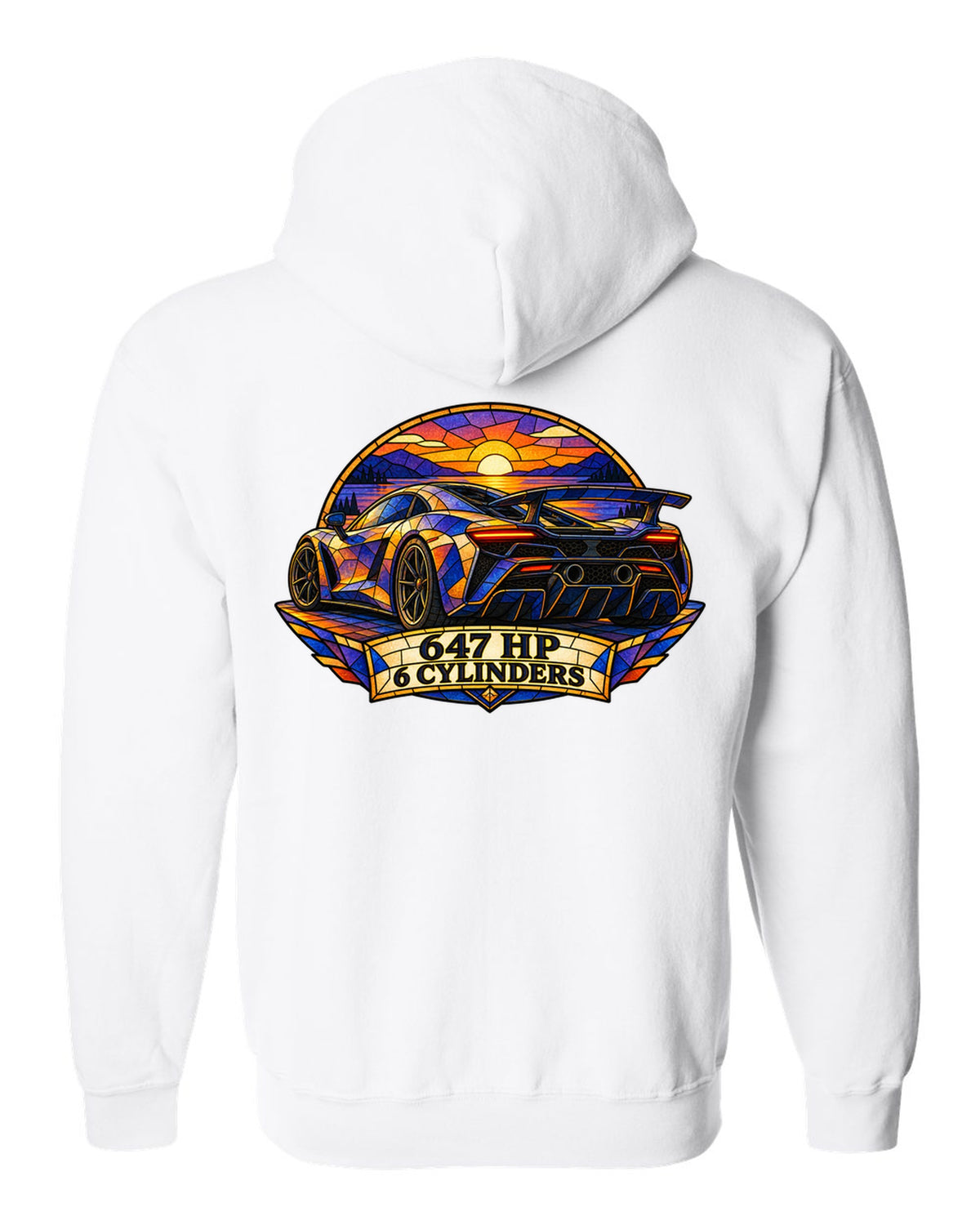 Ford GT 2017-2022 buttress profile in a stained-glass geometric print white zip hoodie back view with the design