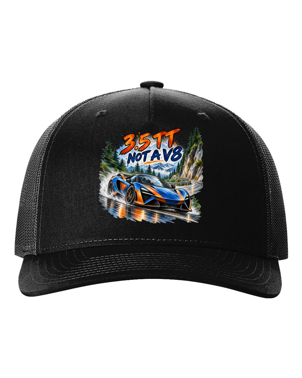 Ford GT 2017-2022 on a hairpin in a watercolour wash print black hat front view with the design