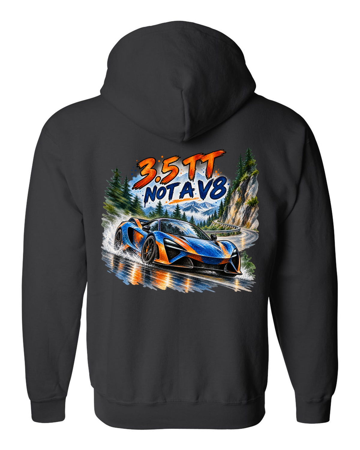 Ford GT 2017-2022 on a hairpin in a watercolour wash print black zip hoodie back view with the design