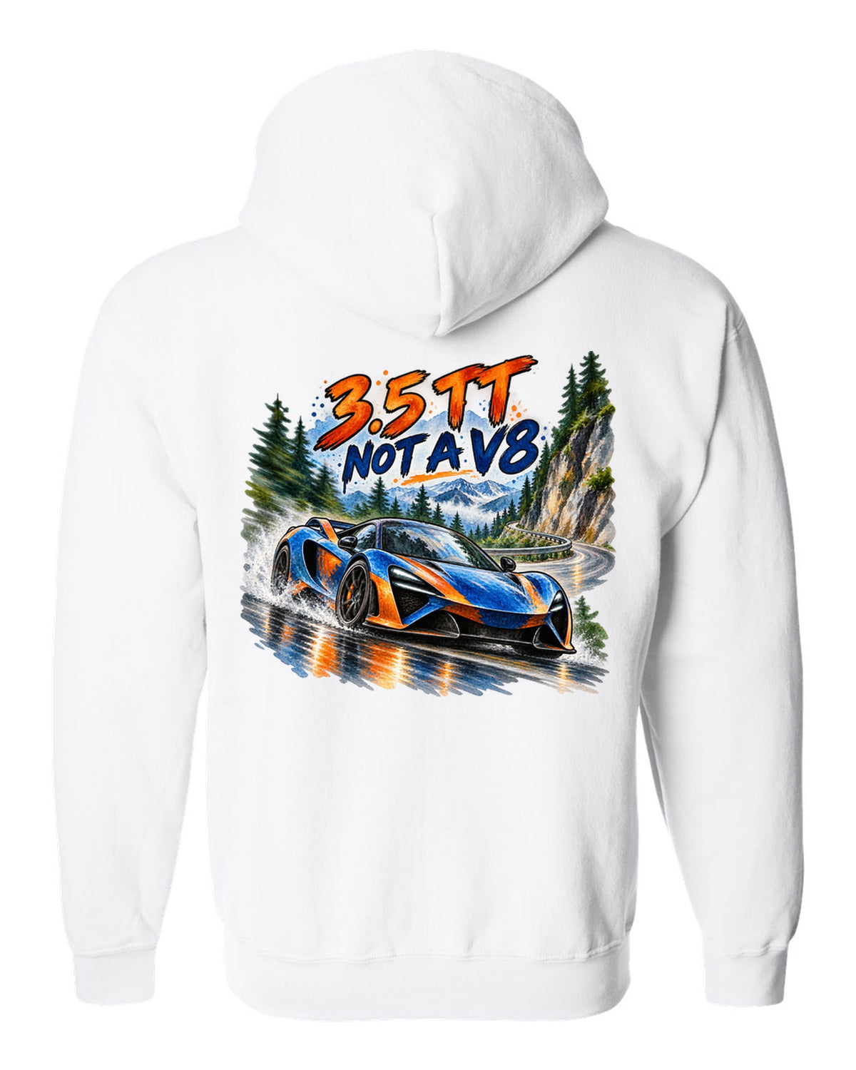 Ford GT 2017-2022 on a hairpin in a watercolour wash print white zip hoodie back view with the design