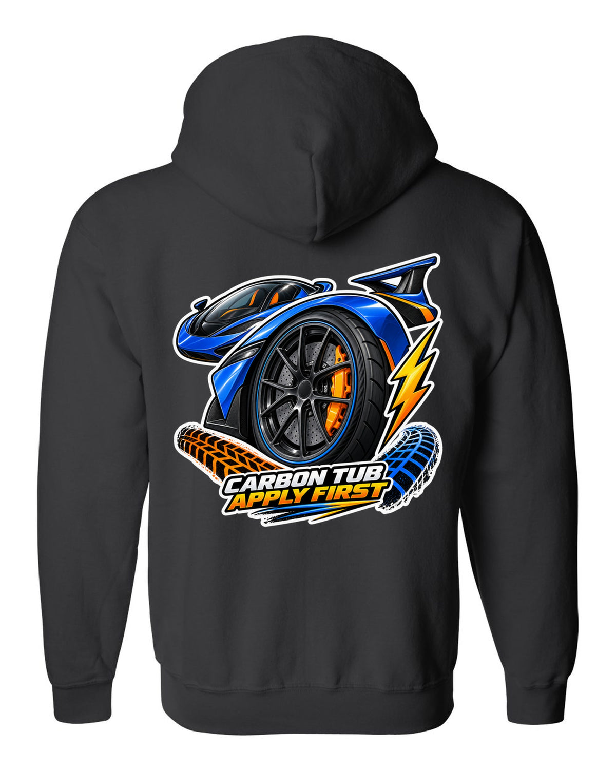 Sticker-bomb collage print for the 2017-2022 Ford GT with carbon tub text black zip hoodie back view with the design