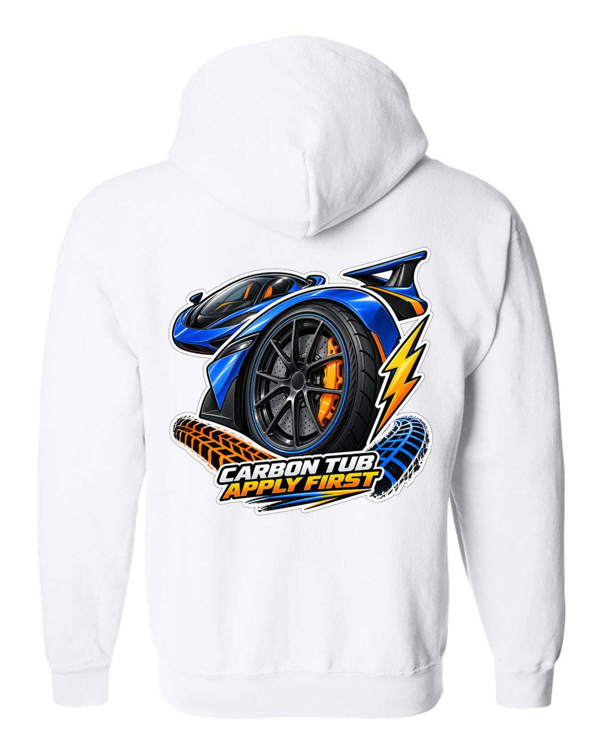 Sticker-bomb collage print for the 2017-2022 Ford GT with carbon tub text white zip hoodie back view with the design