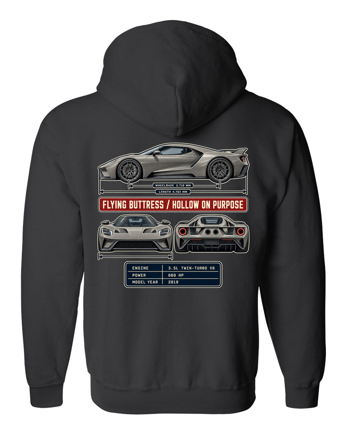 print of a 2019 Ford GT three-view drawing with spec table and flying buttress text black zip hoodie back view with the design