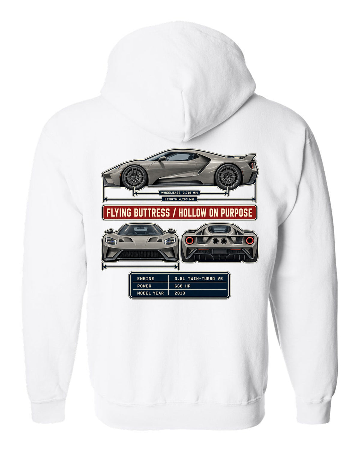 print of a 2019 Ford GT three-view drawing with spec table and flying buttress text white zip hoodie back view with the design