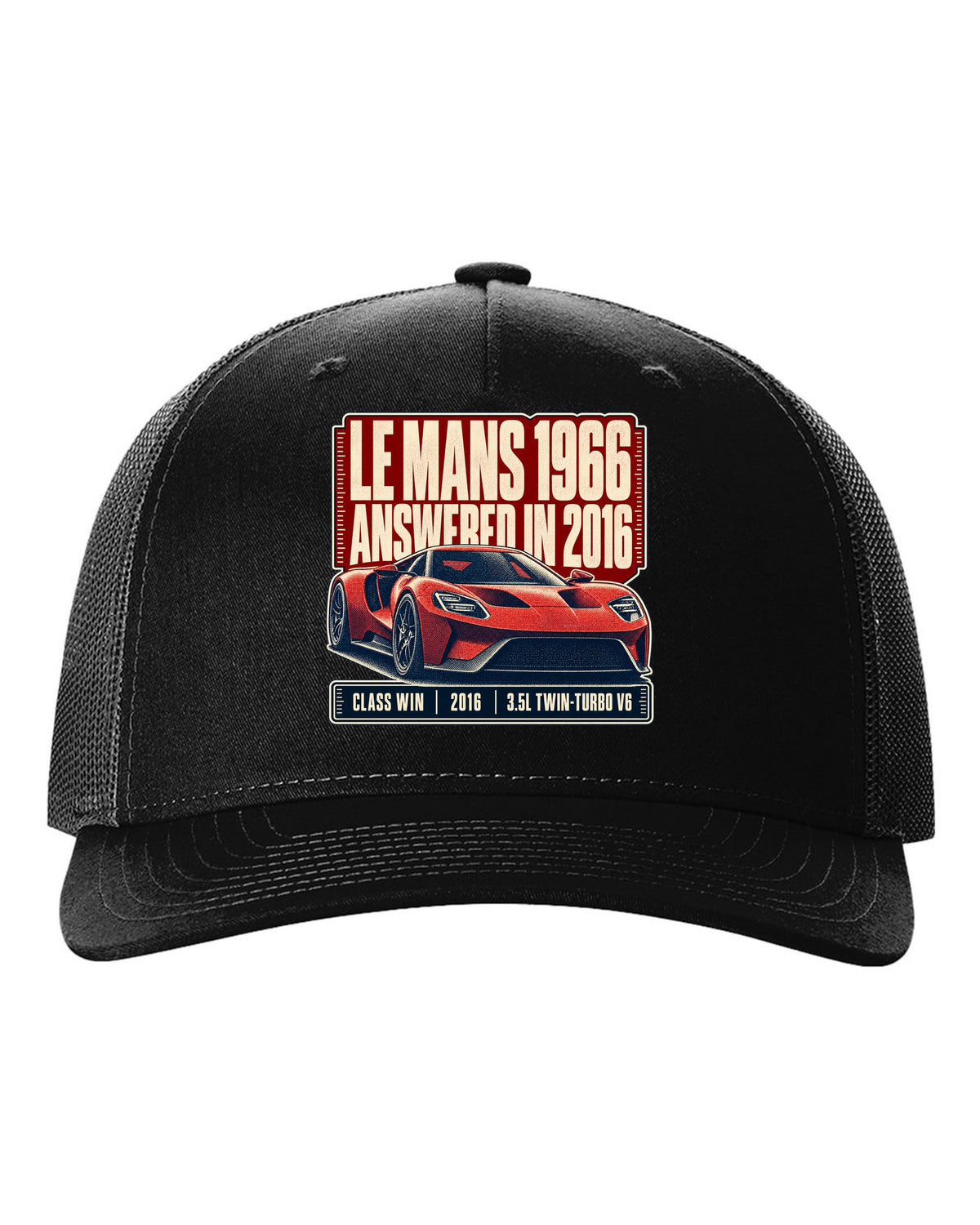 Halftone print of a Ford GT low front three-quarter with Le Mans 1966 and 2016 text black hat front view with the design