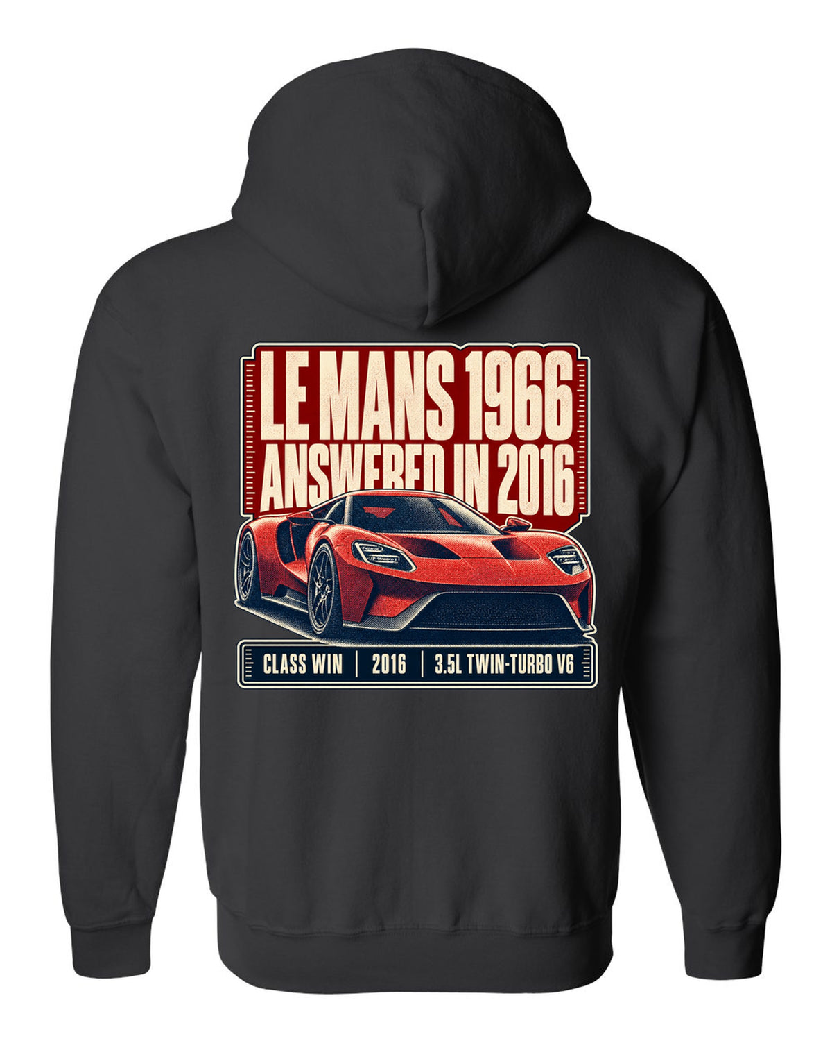 Halftone print of a Ford GT low front three-quarter with Le Mans 1966 and 2016 text black zip hoodie back view with the design