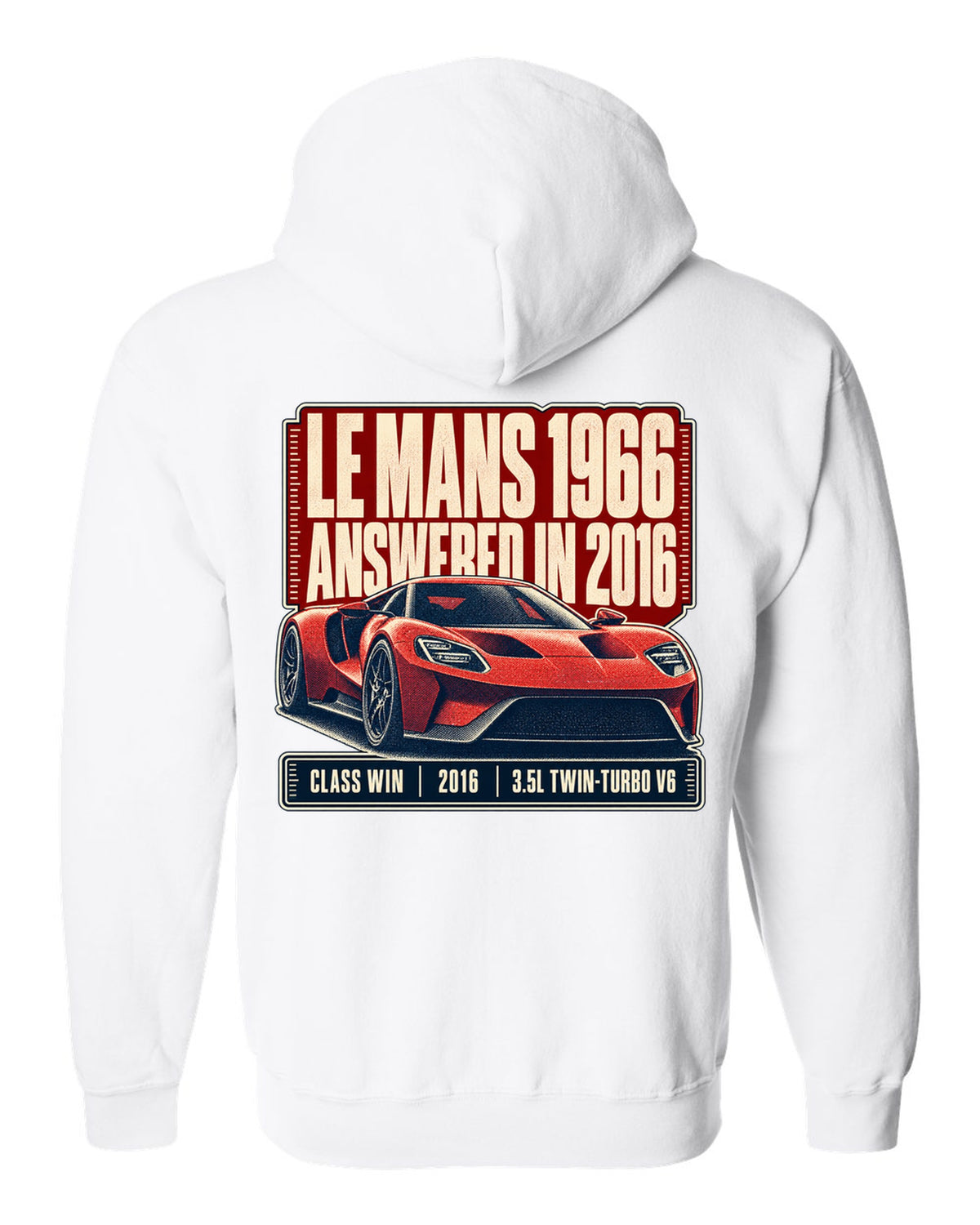 Halftone print of a Ford GT low front three-quarter with Le Mans 1966 and 2016 text white zip hoodie back view with the design