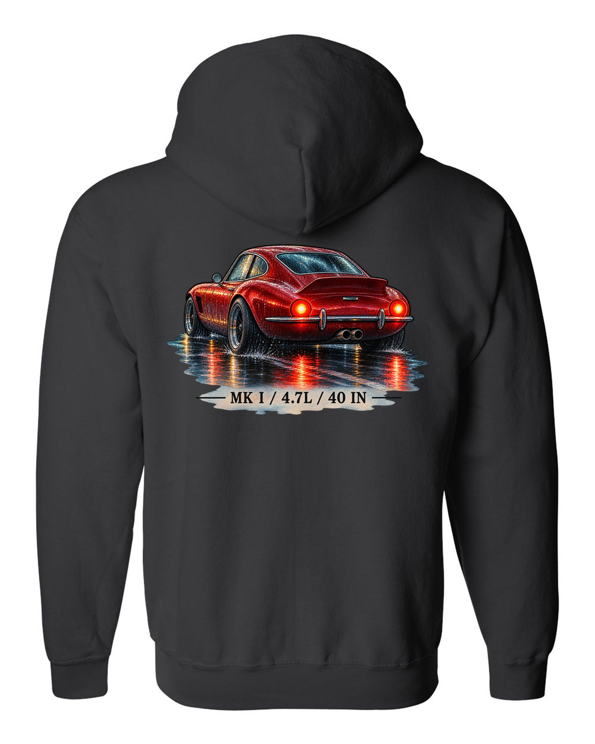 Watercolour of a Ford GT40 Mk I on a wet night road with 4.7L lettering black zip hoodie back view with the design