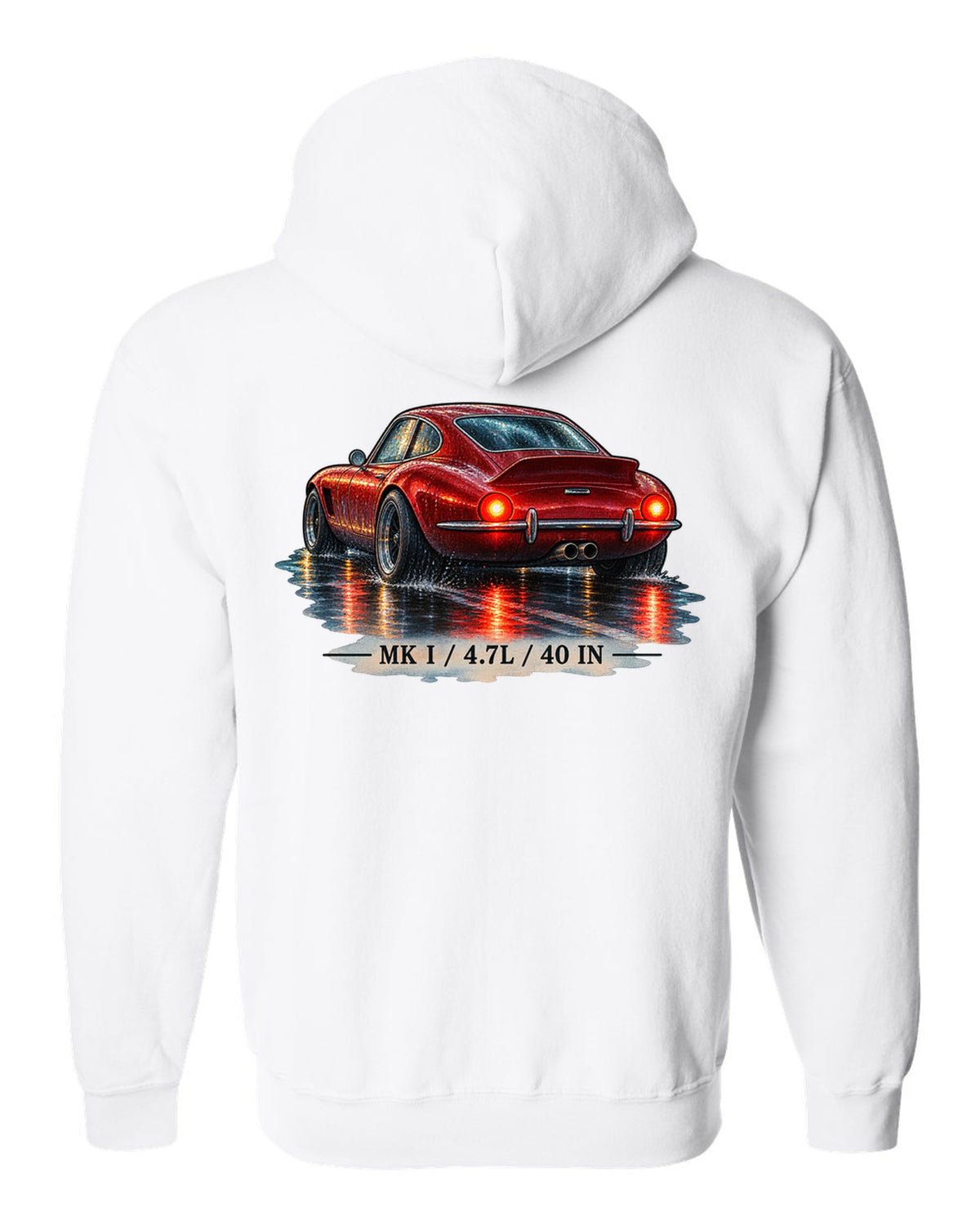 Watercolour of a Ford GT40 Mk I on a wet night road with 4.7L lettering white zip hoodie back view with the design