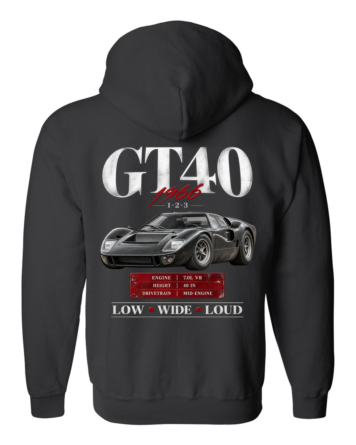 Archive panel print of a 1966 Ford GT40 Mk II with spec callouts black zip hoodie back view with the design