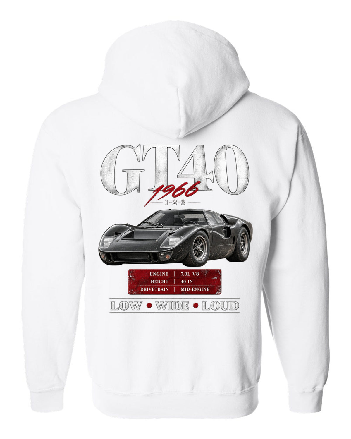 Archive panel print of a 1966 Ford GT40 Mk II with spec callouts white zip hoodie back view with the design