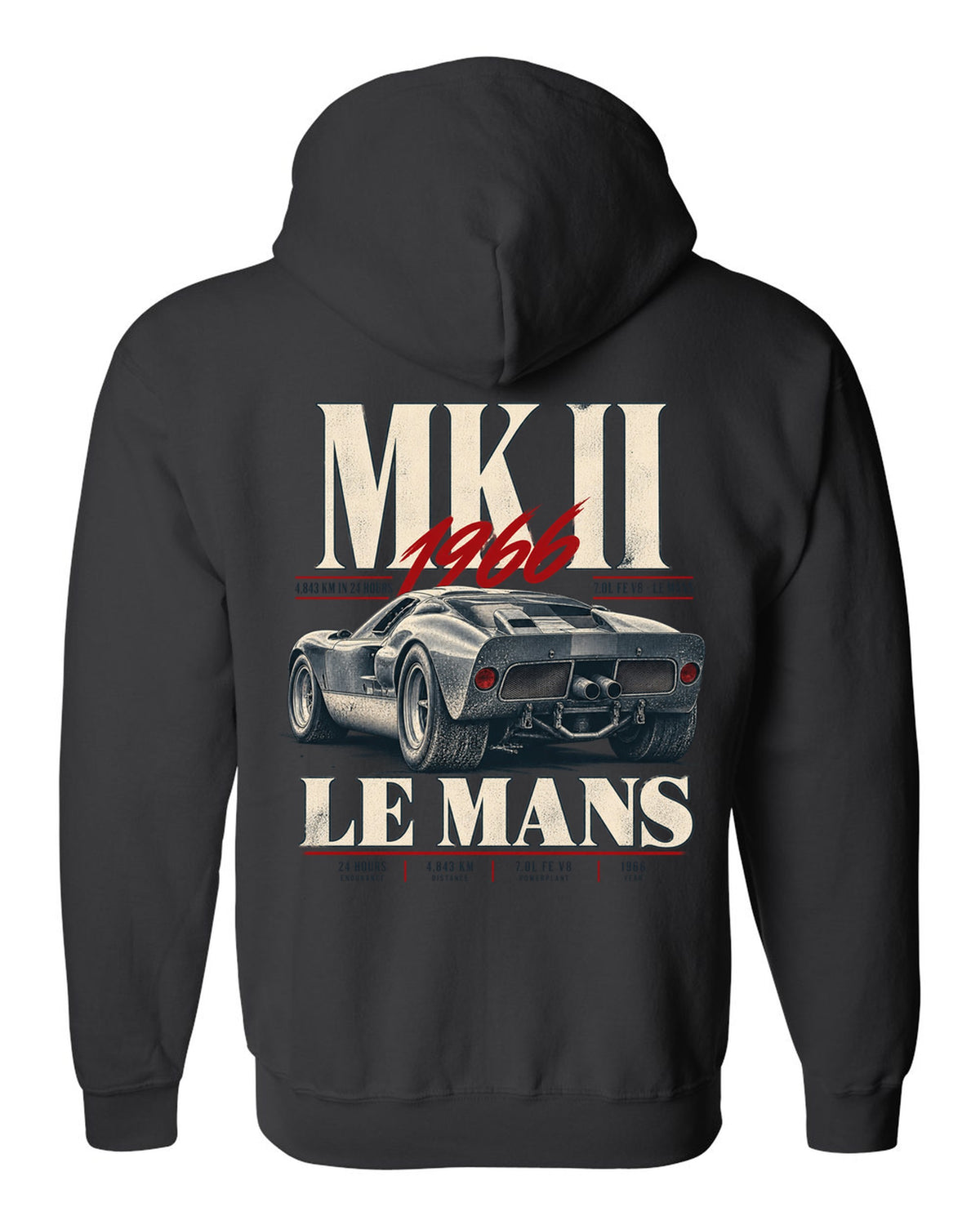 Editorial print of a 1966 Ford GT40 Mk II rear three-quarter view with Le Mans distance black zip hoodie back view with the design