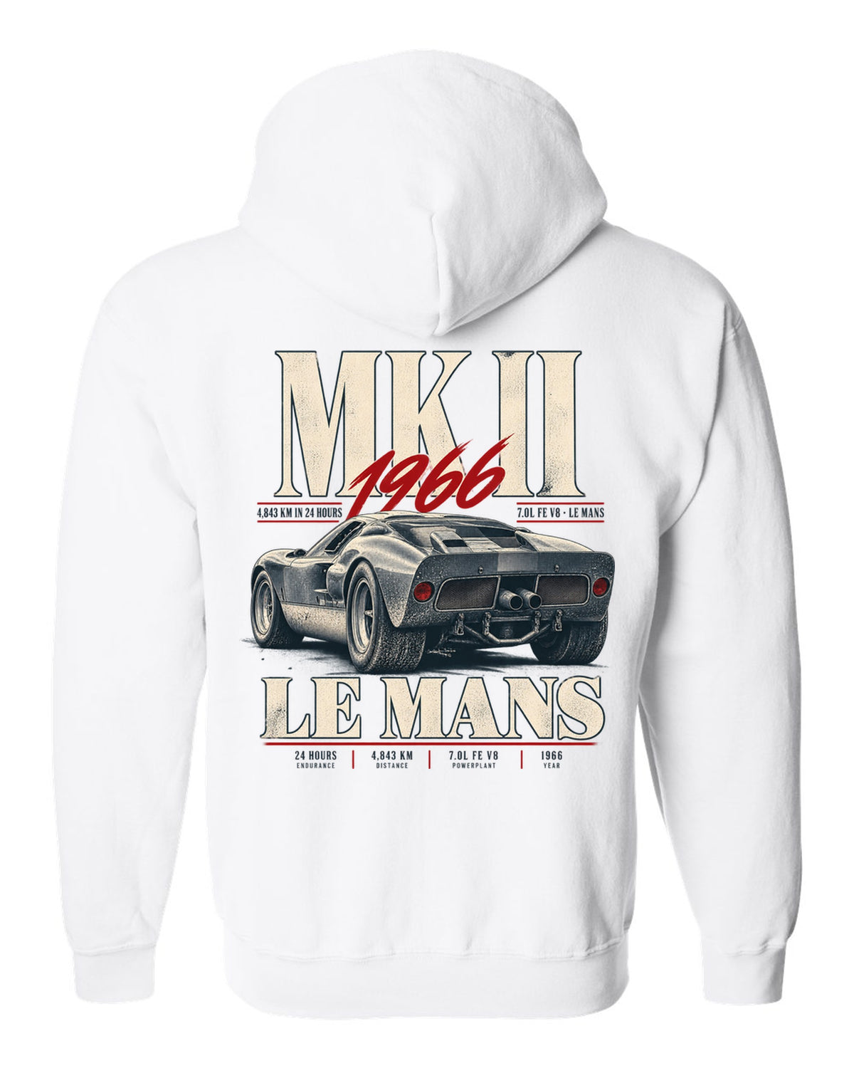 Editorial print of a 1966 Ford GT40 Mk II rear three-quarter view with Le Mans distance white zip hoodie back view with the design