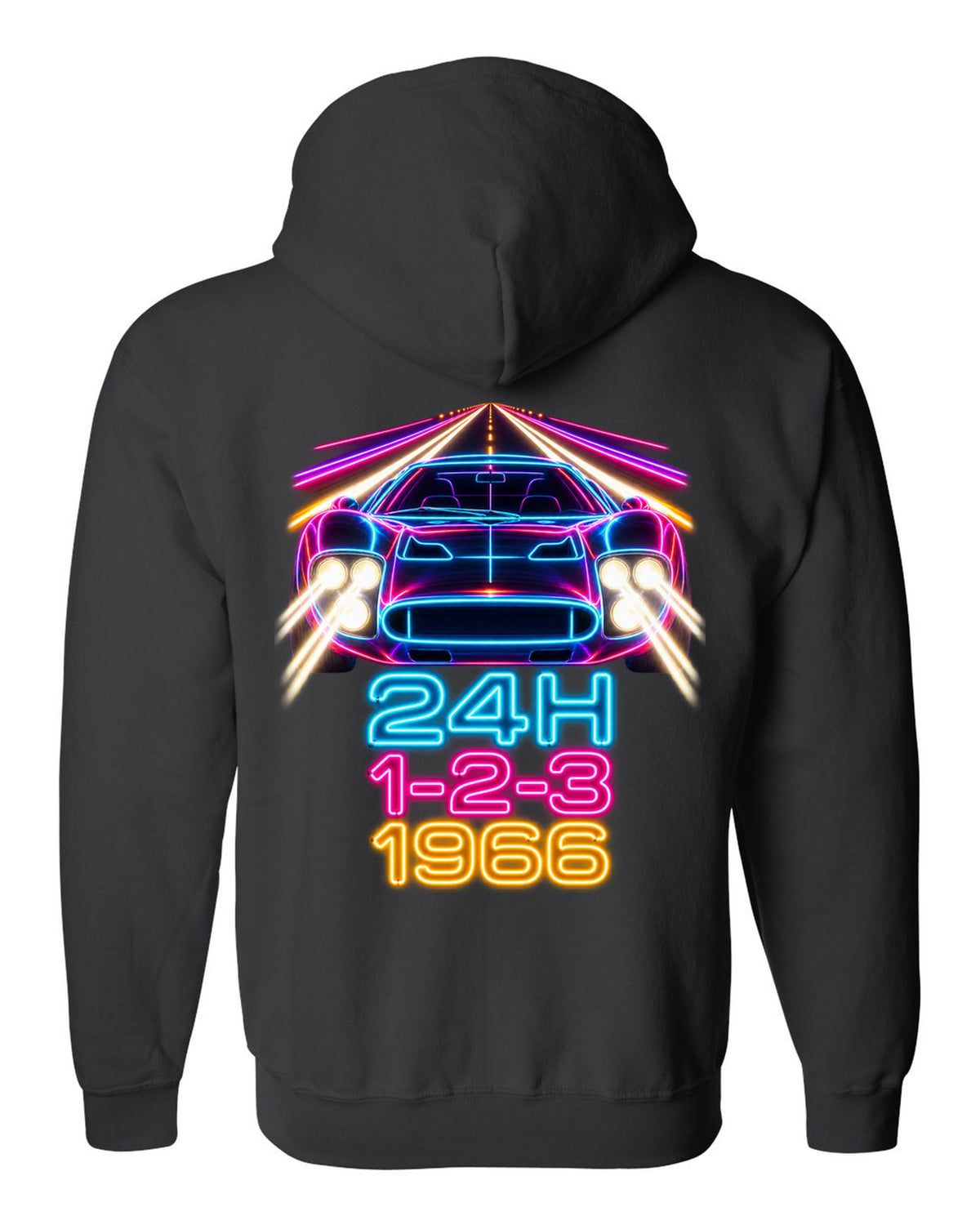 Neon long-exposure light trail print of a 1966 Ford GT40 Mk II with 24H 1-2-3 lettering black zip hoodie back view with the design