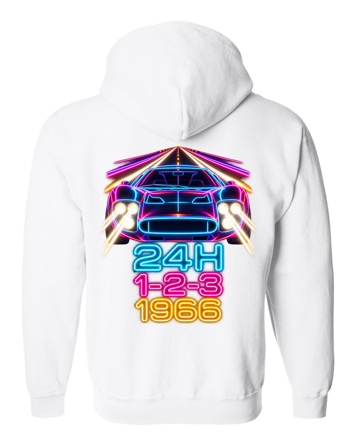 Neon long-exposure light trail print of a 1966 Ford GT40 Mk II with 24H 1-2-3 lettering white zip hoodie back view with the design