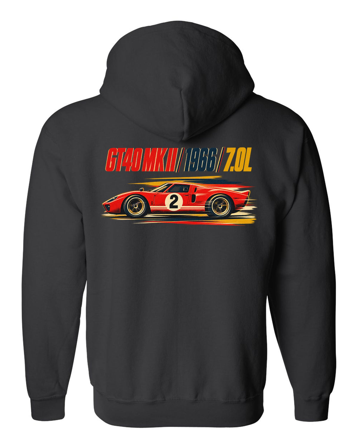 Vintage litho race poster of a 1966 Ford GT40 Mk II with 7.0L lettering black zip hoodie back view with the design