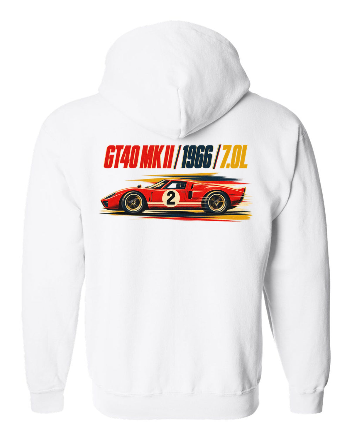 Vintage litho race poster of a 1966 Ford GT40 Mk II with 7.0L lettering white zip hoodie back view with the design