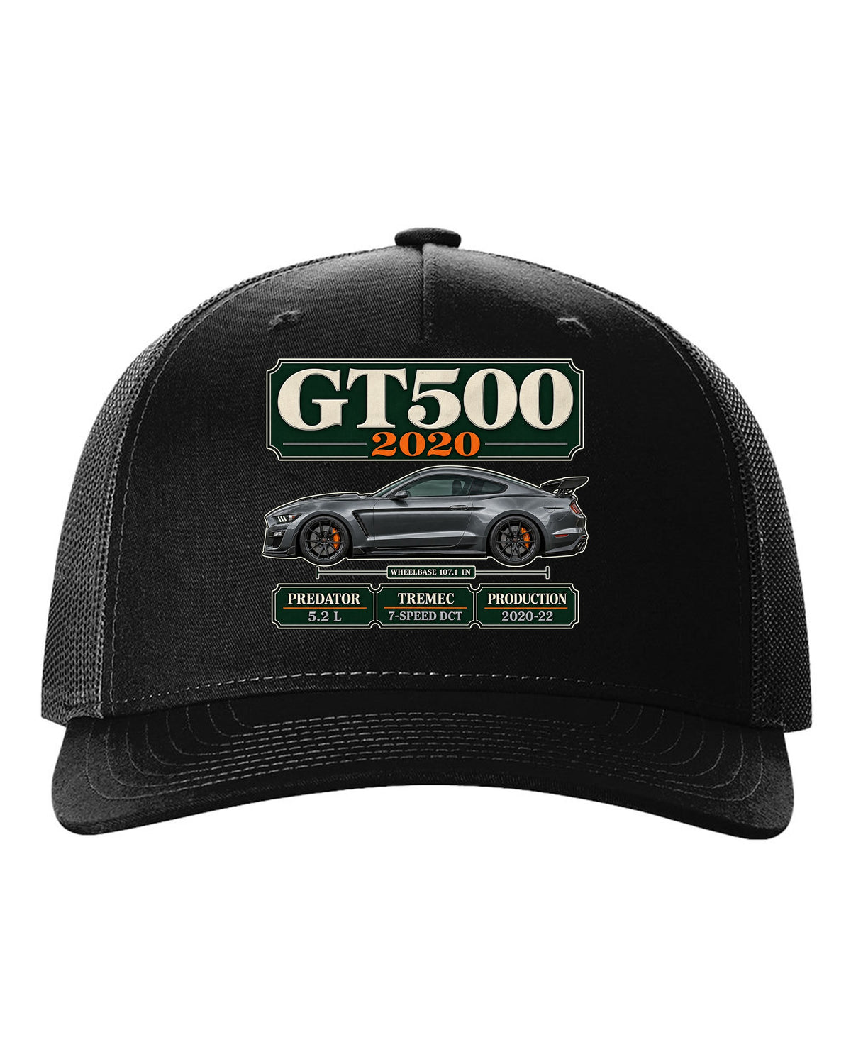 Ford Mustang S550 Shelby GT500 2020 archive panel print with engine and gearbox details black hat front view with the design