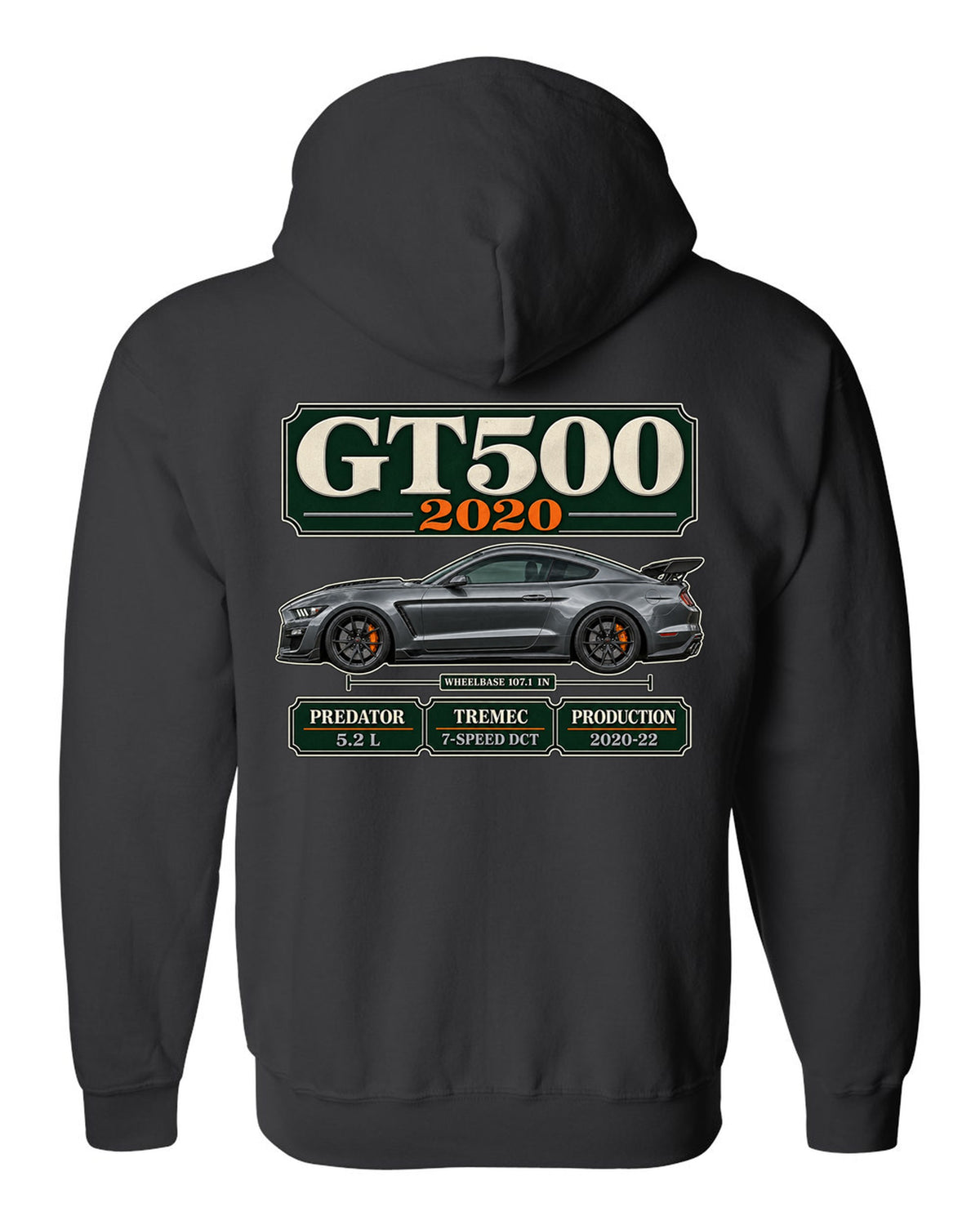 Ford Mustang S550 Shelby GT500 2020 archive panel print with engine and gearbox details black zip hoodie back view with the design
