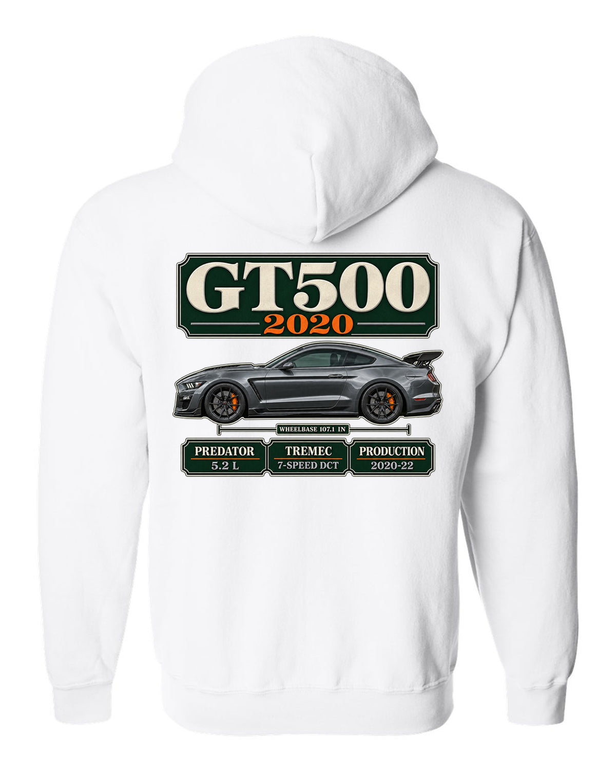 Ford Mustang S550 Shelby GT500 2020 archive panel print with engine and gearbox details white zip hoodie back view with the design