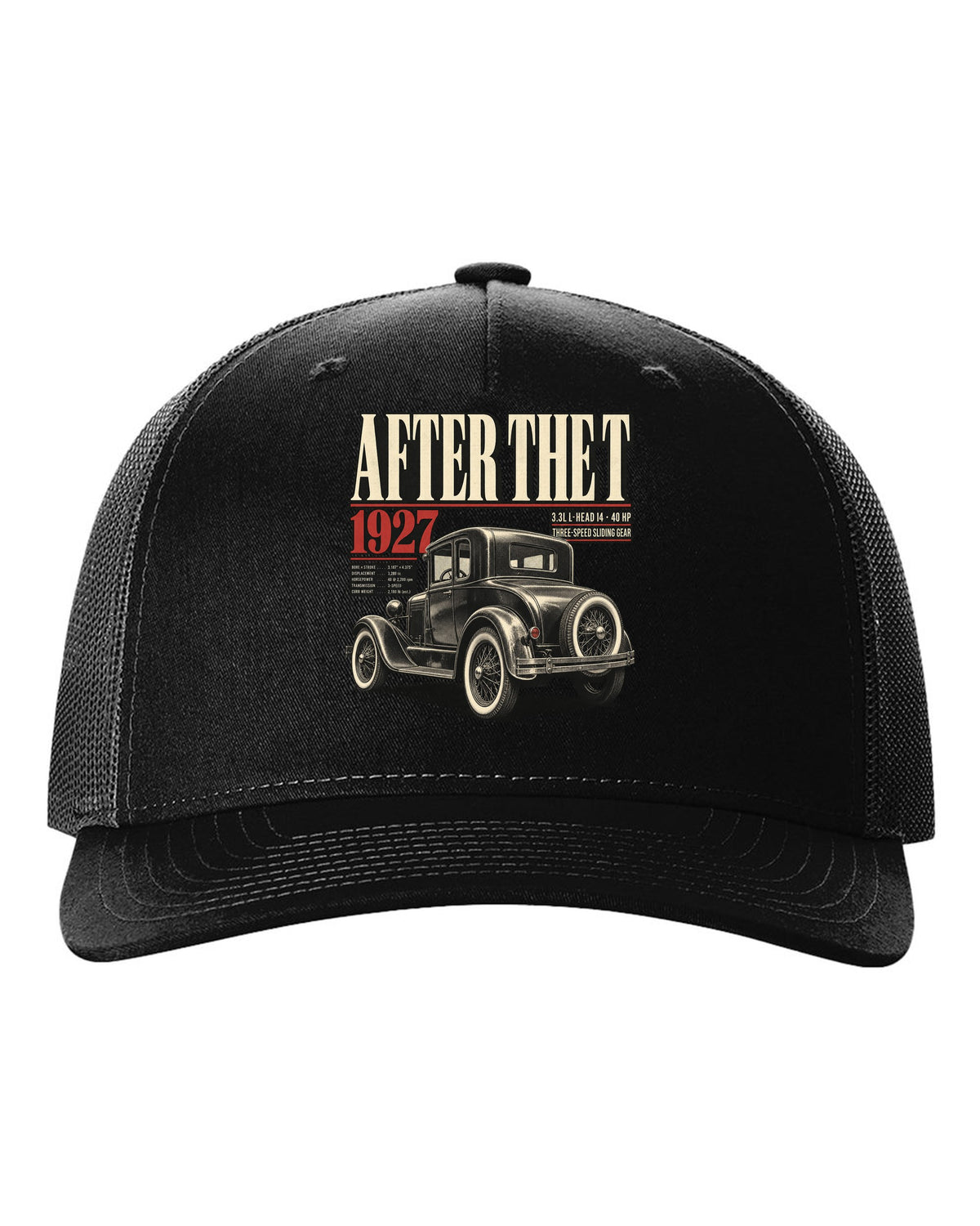 Editorial headline print of a Ford Model A coupe with spec lines black hat front view with the design