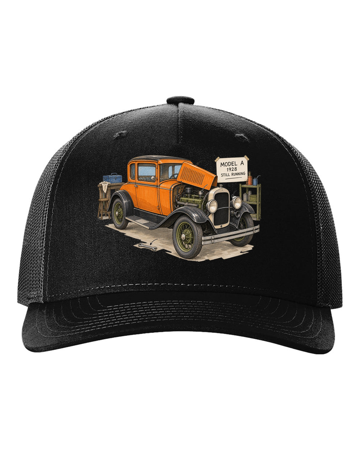 Ink and marker sketch of a 1928 Ford Model A coupe with still running lettering black hat front view with the design