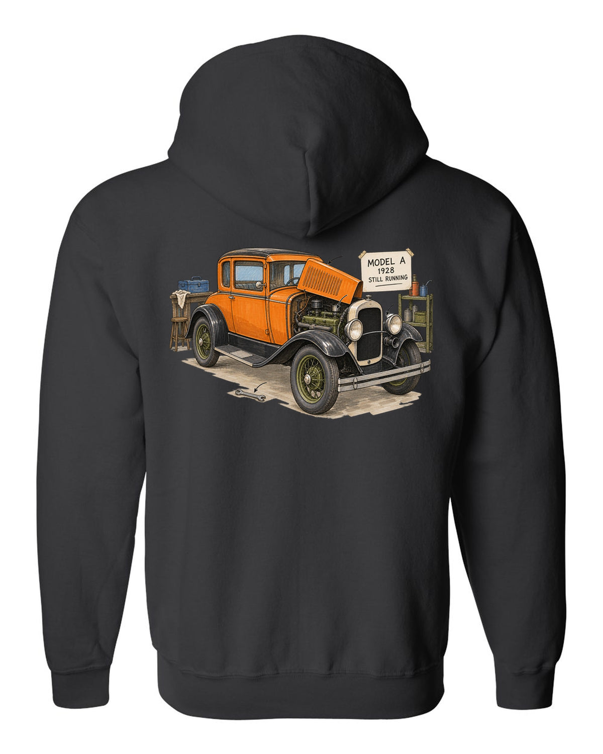 Ink and marker sketch of a 1928 Ford Model A coupe with still running lettering black zip hoodie back view with the design