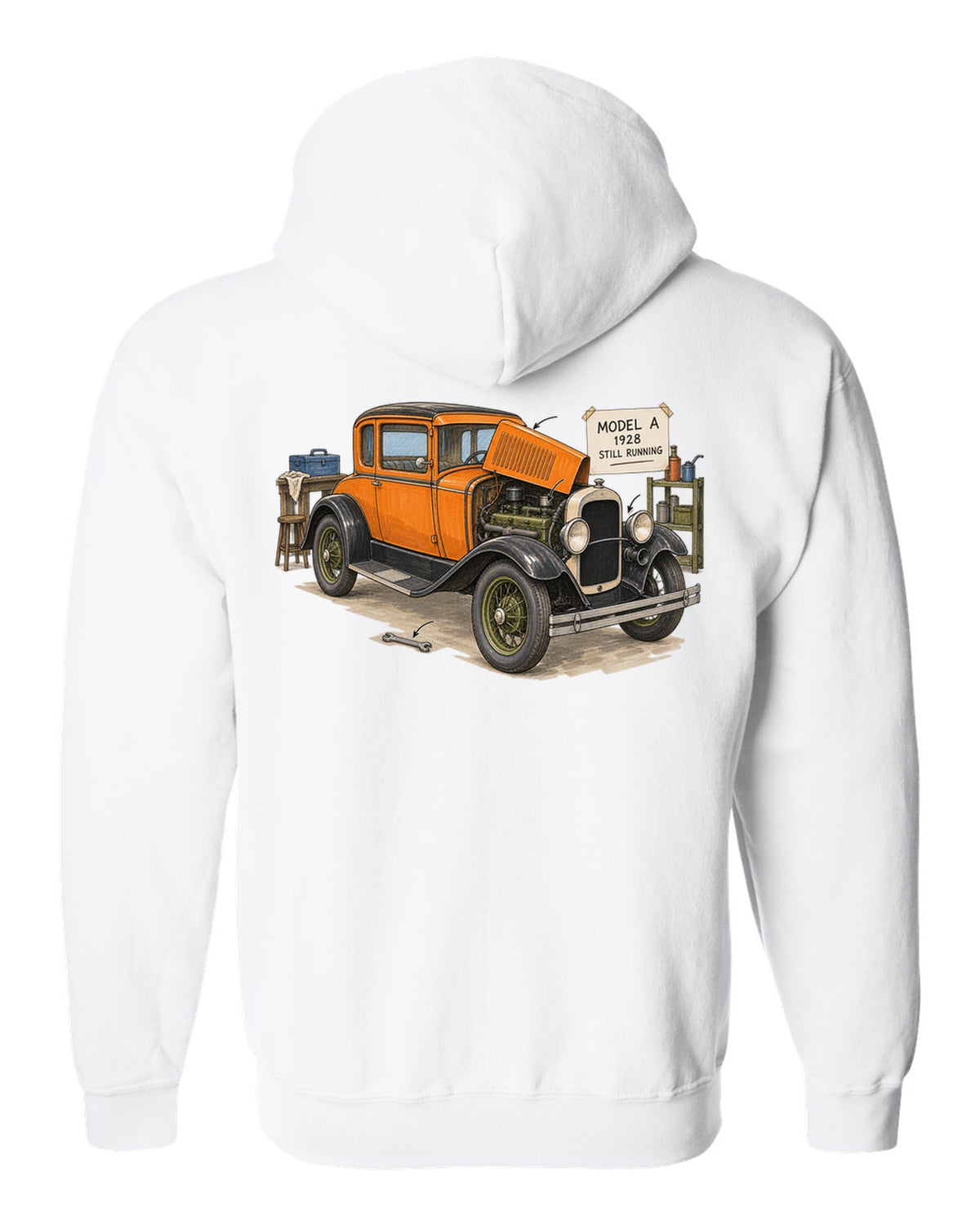 Ink and marker sketch of a 1928 Ford Model A coupe with still running lettering white zip hoodie back view with the design