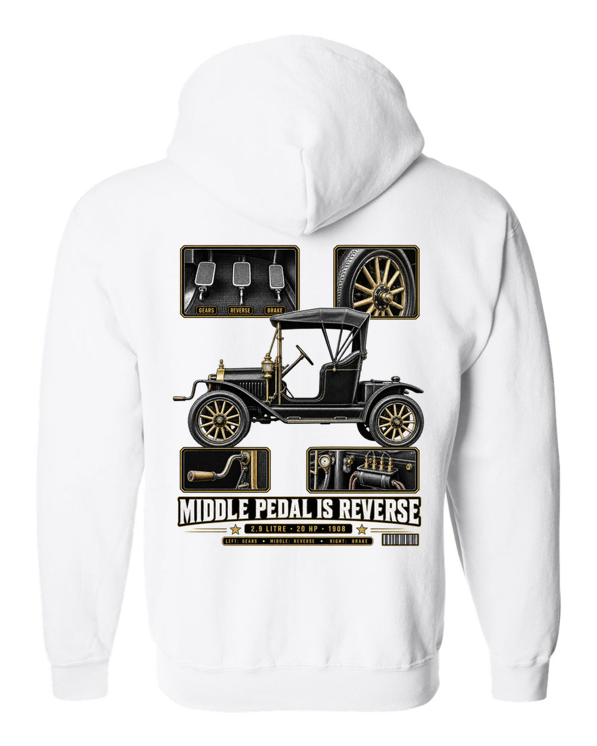 Dossier panel print of a Ford Model T runabout showing its three pedals white zip hoodie back view with the design