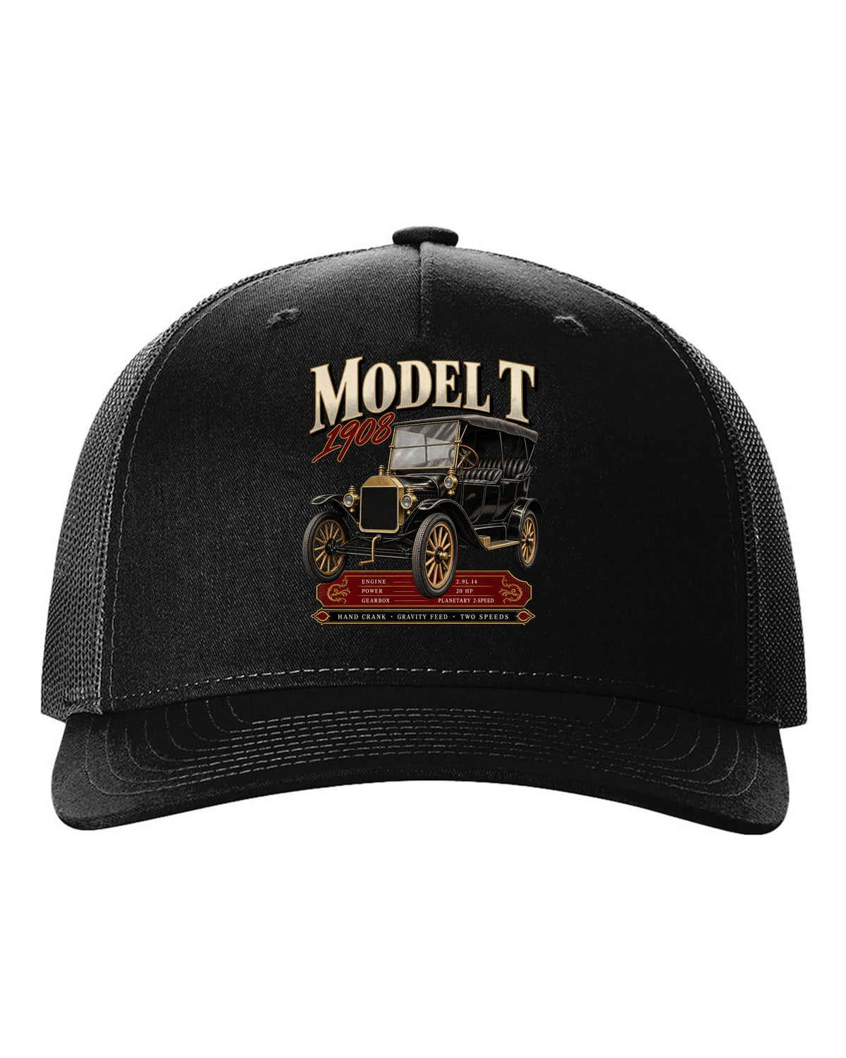 Archive panel print of a Ford Model T touring car with engine specs black hat front view with the design