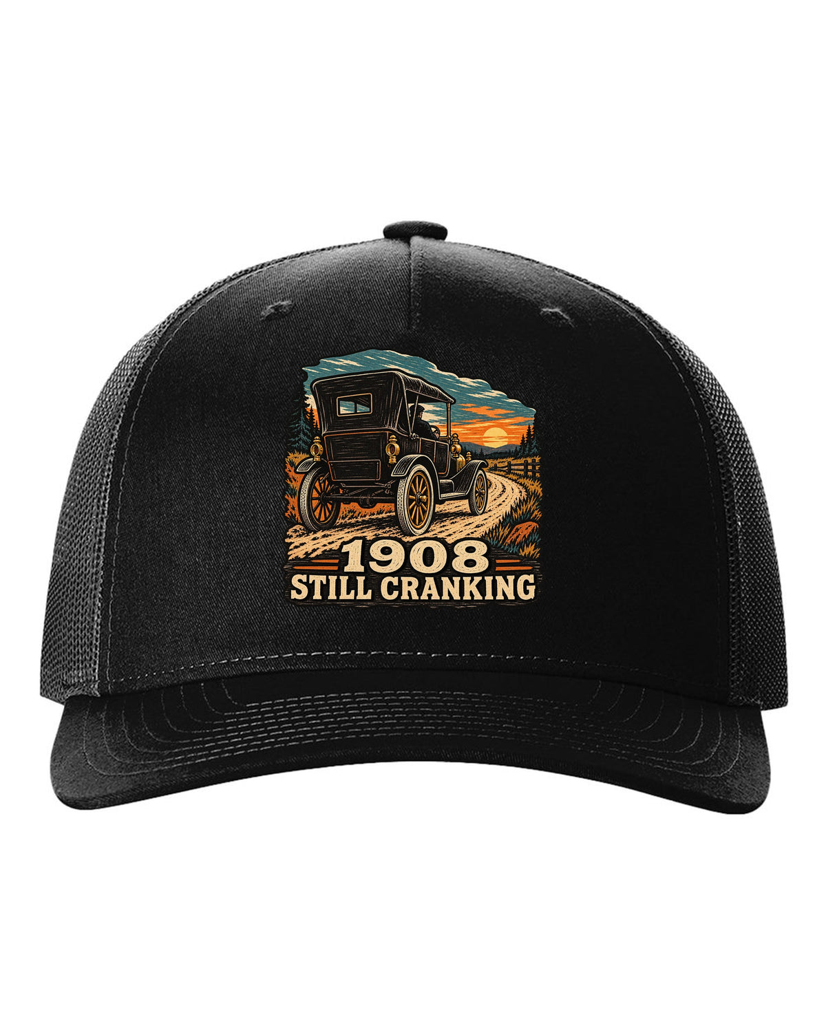 Multi-colour woodcut illustration of a Ford Model T Tin Lizzie with 1908 still cranking text black hat front view with the design