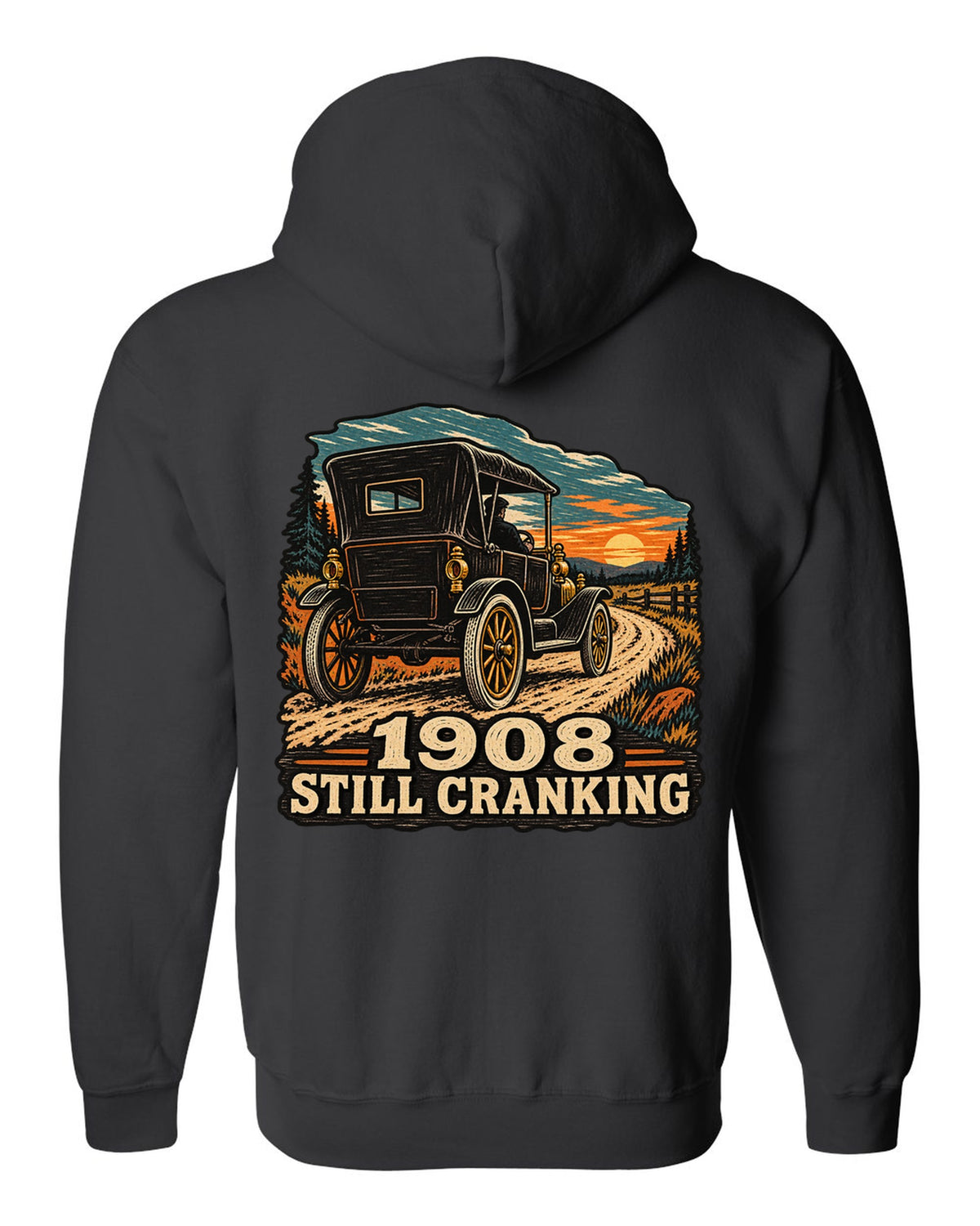 Multi-colour woodcut illustration of a Ford Model T Tin Lizzie with 1908 still cranking text black zip hoodie back view with the design