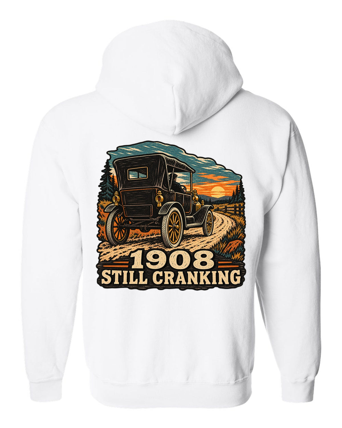 Multi-colour woodcut illustration of a Ford Model T Tin Lizzie with 1908 still cranking text white zip hoodie back view with the design