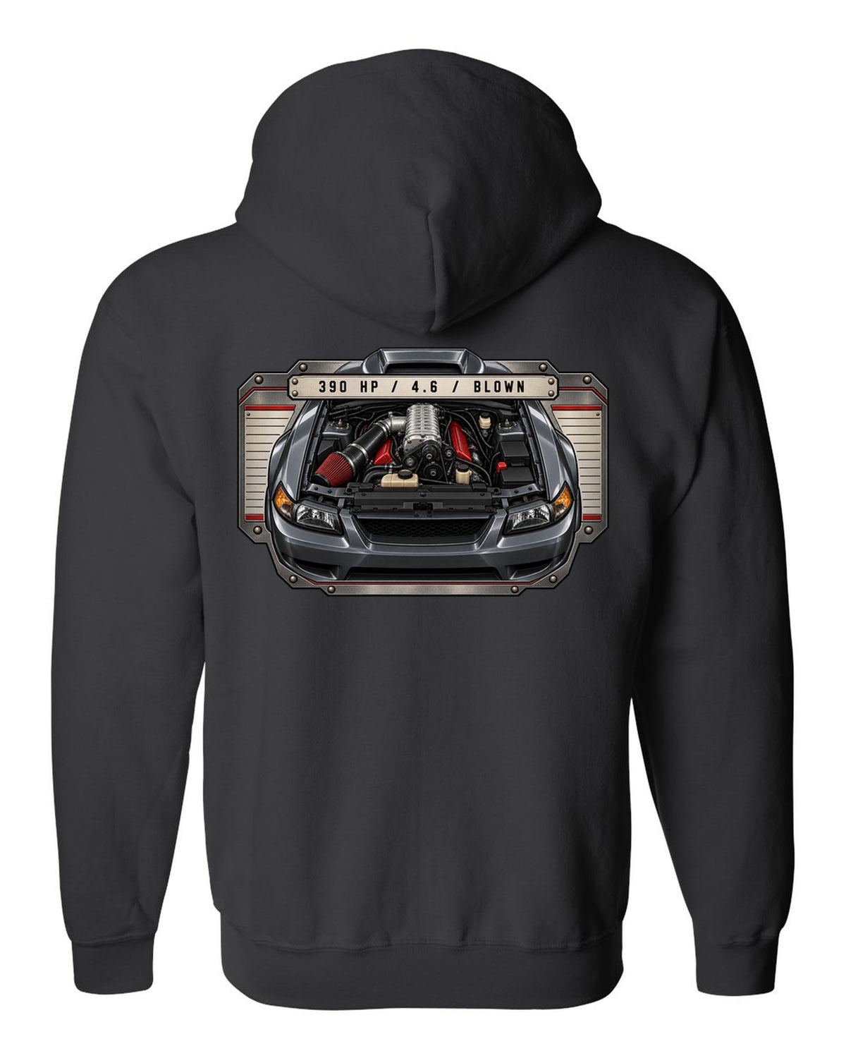 print spec plate design for the 2003-04 New Edge Mustang supercharged 4.6 V8 with 390 HP black zip hoodie back view with the design