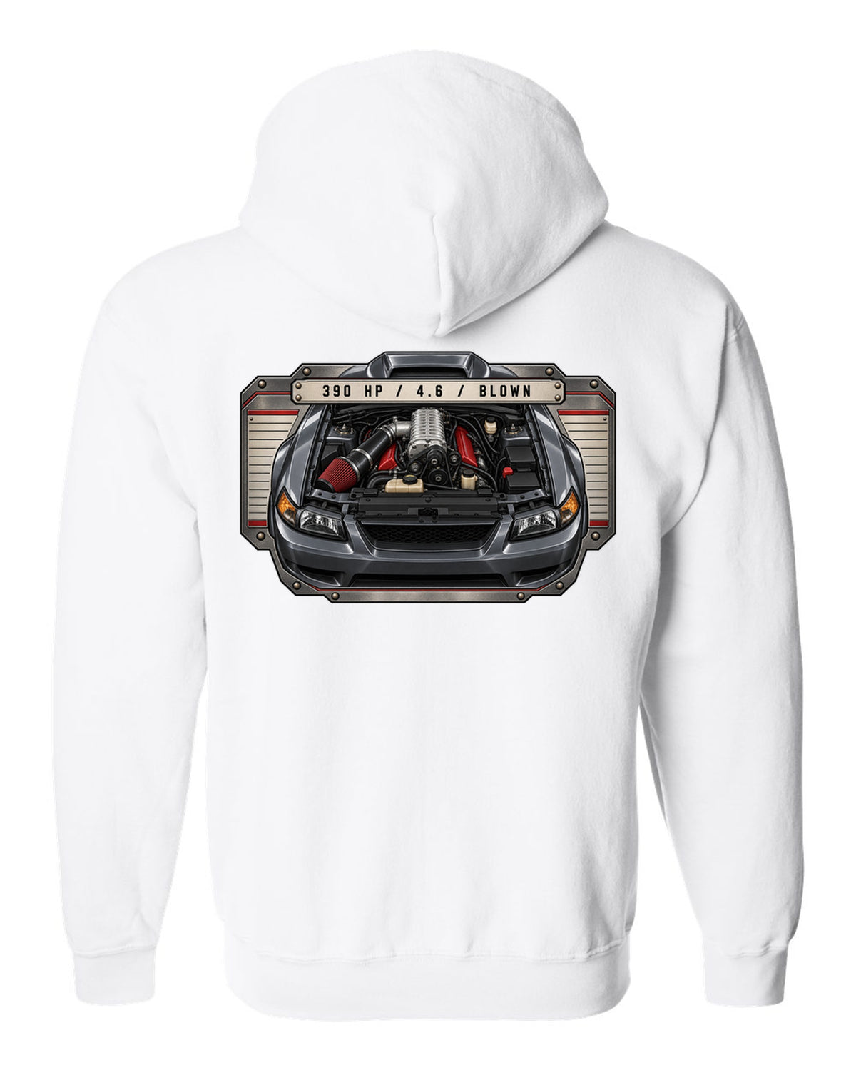 print spec plate design for the 2003-04 New Edge Mustang supercharged 4.6 V8 with 390 HP white zip hoodie back view with the design