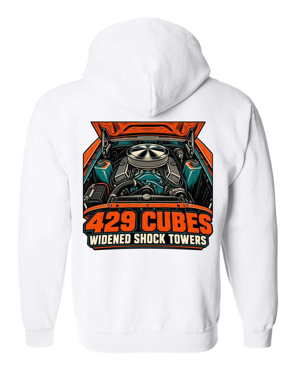 Woodcut linocut print of a 1969-70 Ford Mustang 429 engine bay white zip hoodie back view with the design
