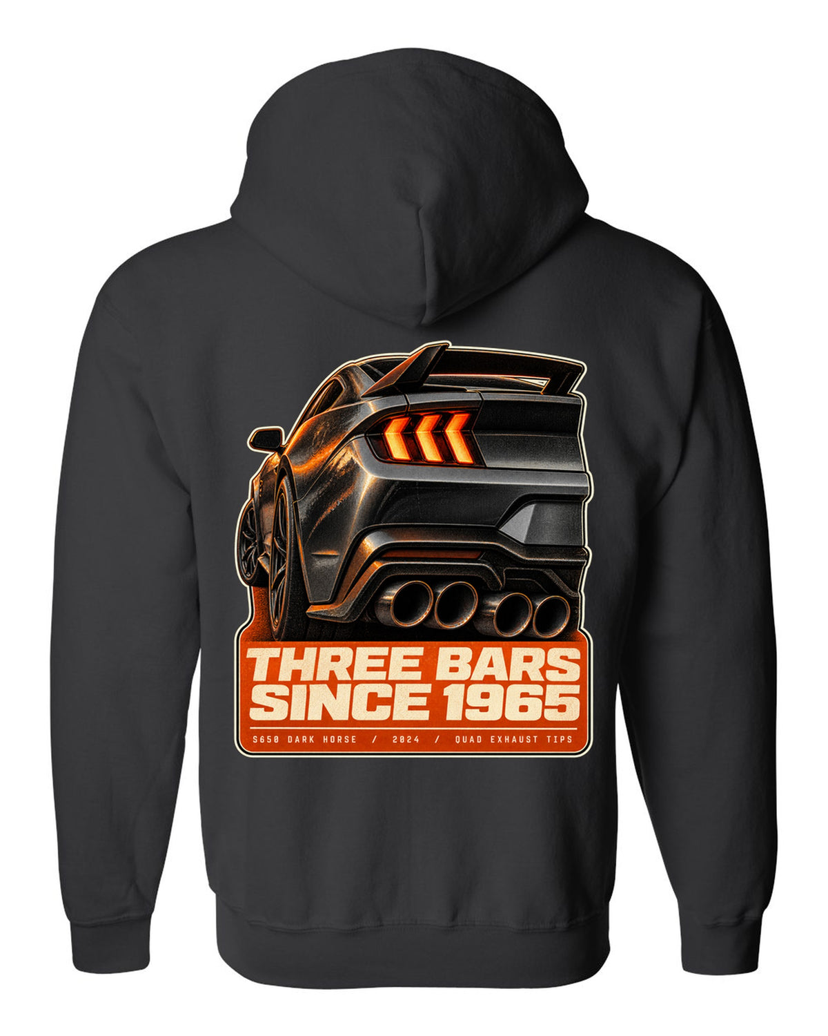 Ford Mustang S650 Dark Horse taillight macro print with quad exhaust tip text black zip hoodie back view with the design