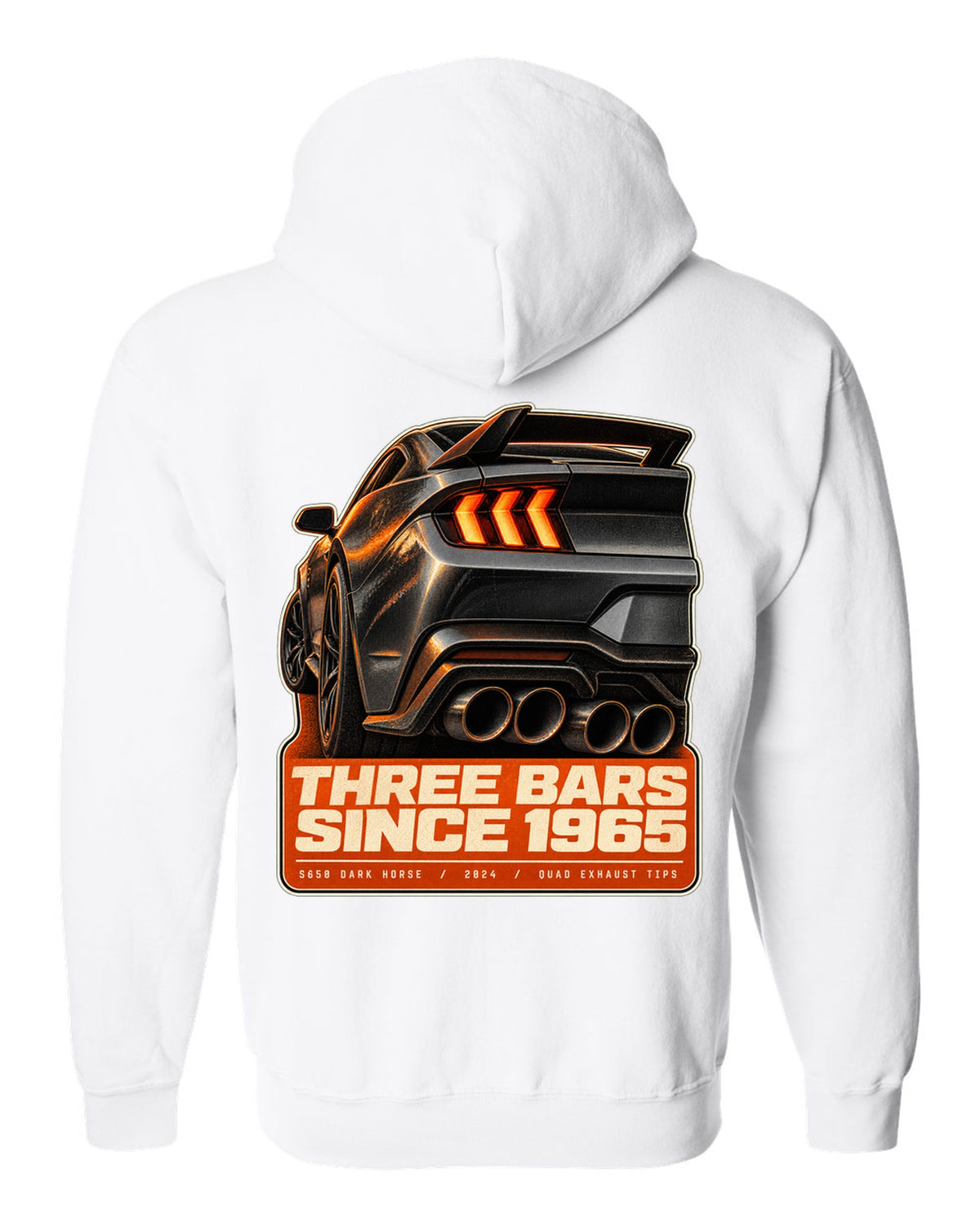 Ford Mustang S650 Dark Horse taillight macro print with quad exhaust tip text white zip hoodie back view with the design