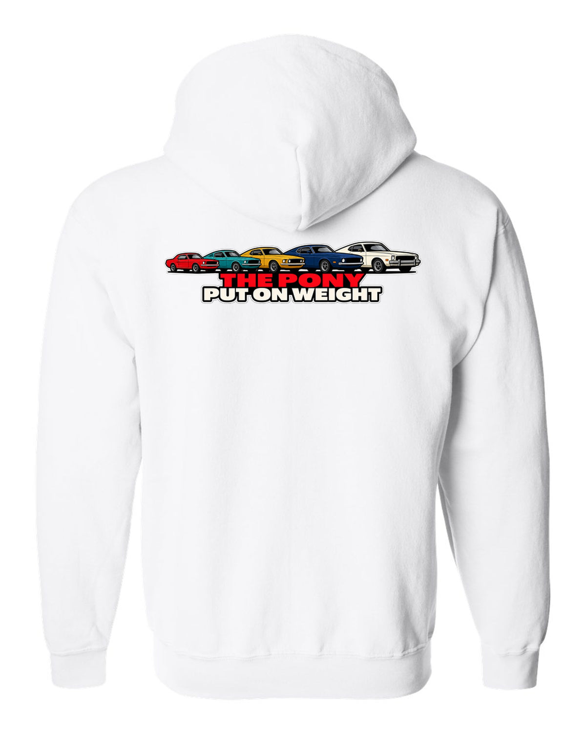 Generation evolution lineup print of five first-generation Ford Mustangs 1965-73 white zip hoodie back view with the design