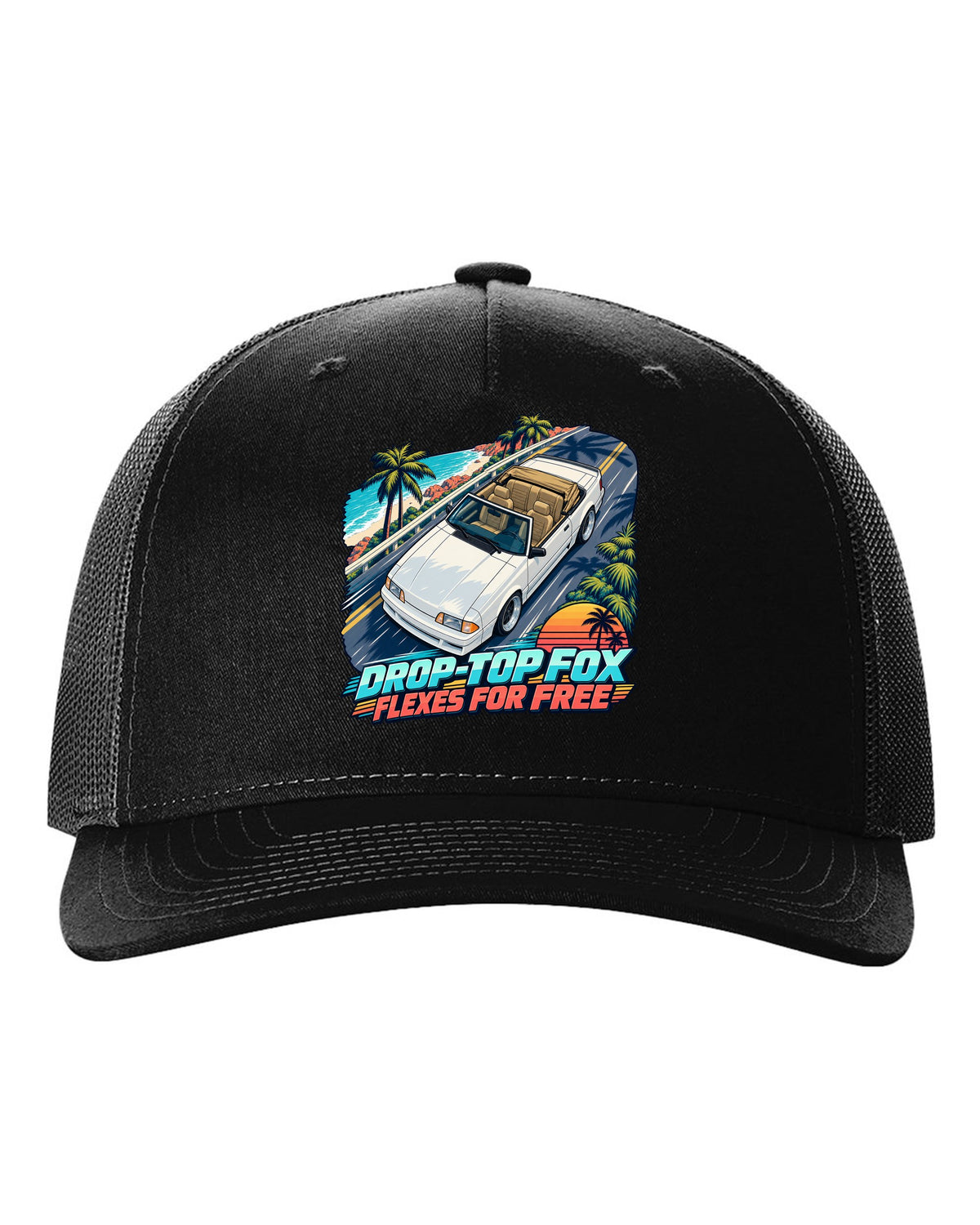 Cel-shaded anime print of a Ford Mustang Fox Body convertible seen from above black hat front view with the design