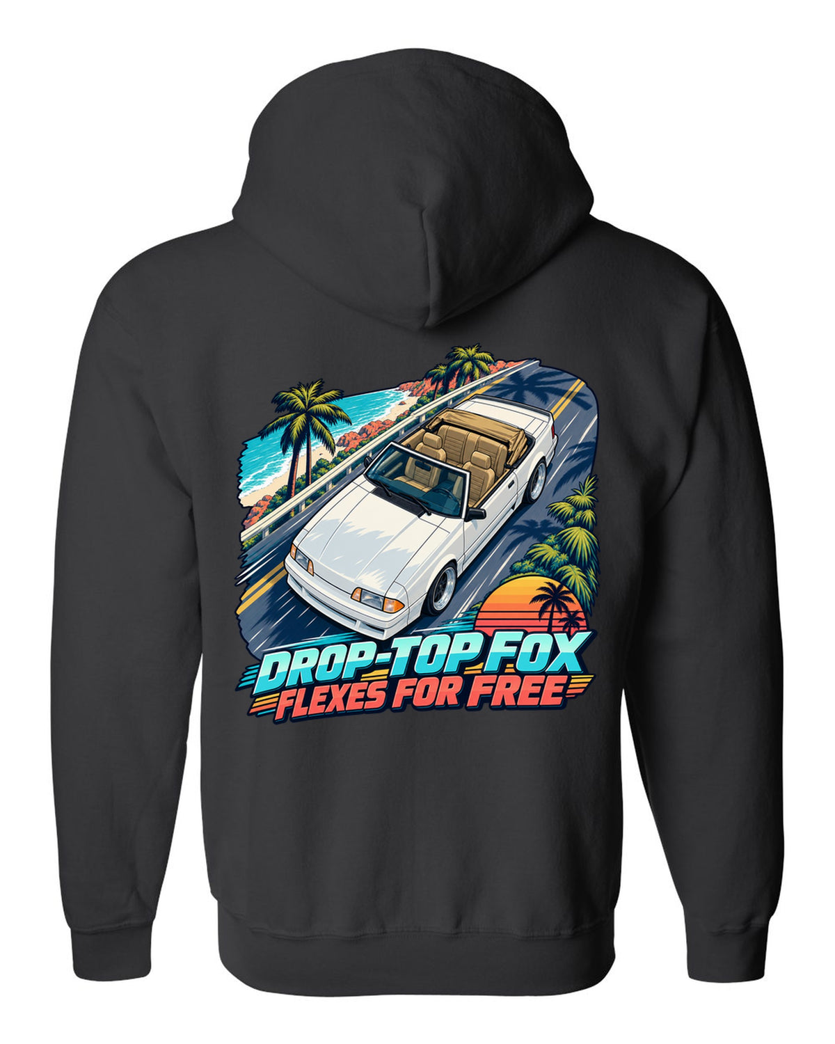 Cel-shaded anime print of a Ford Mustang Fox Body convertible seen from above black zip hoodie back view with the design