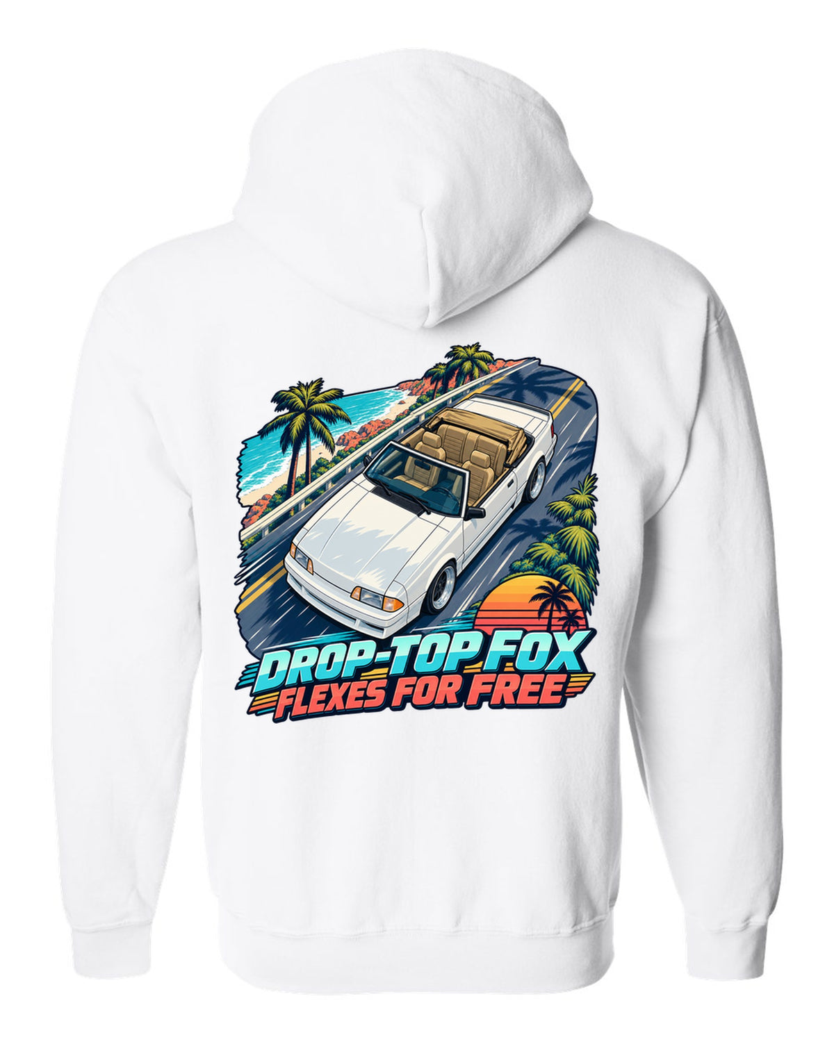 Cel-shaded anime print of a Ford Mustang Fox Body convertible seen from above white zip hoodie back view with the design