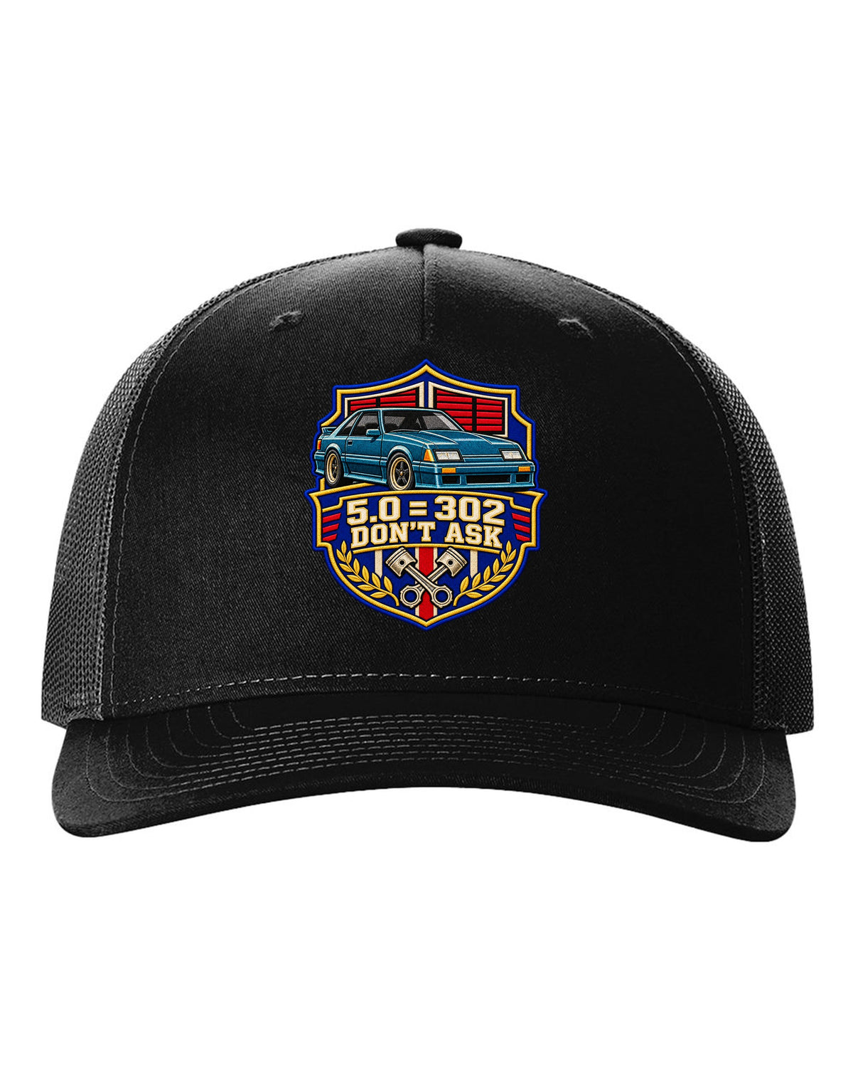 Embroidery-style varsity drag crest print for a Ford Mustang Fox Body chback black hat front view with the design