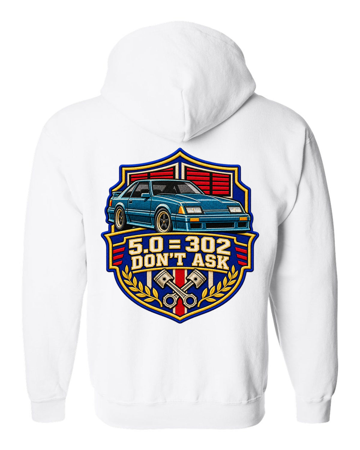 Embroidery-style varsity drag crest print for a Ford Mustang Fox Body chback white zip hoodie back view with the design