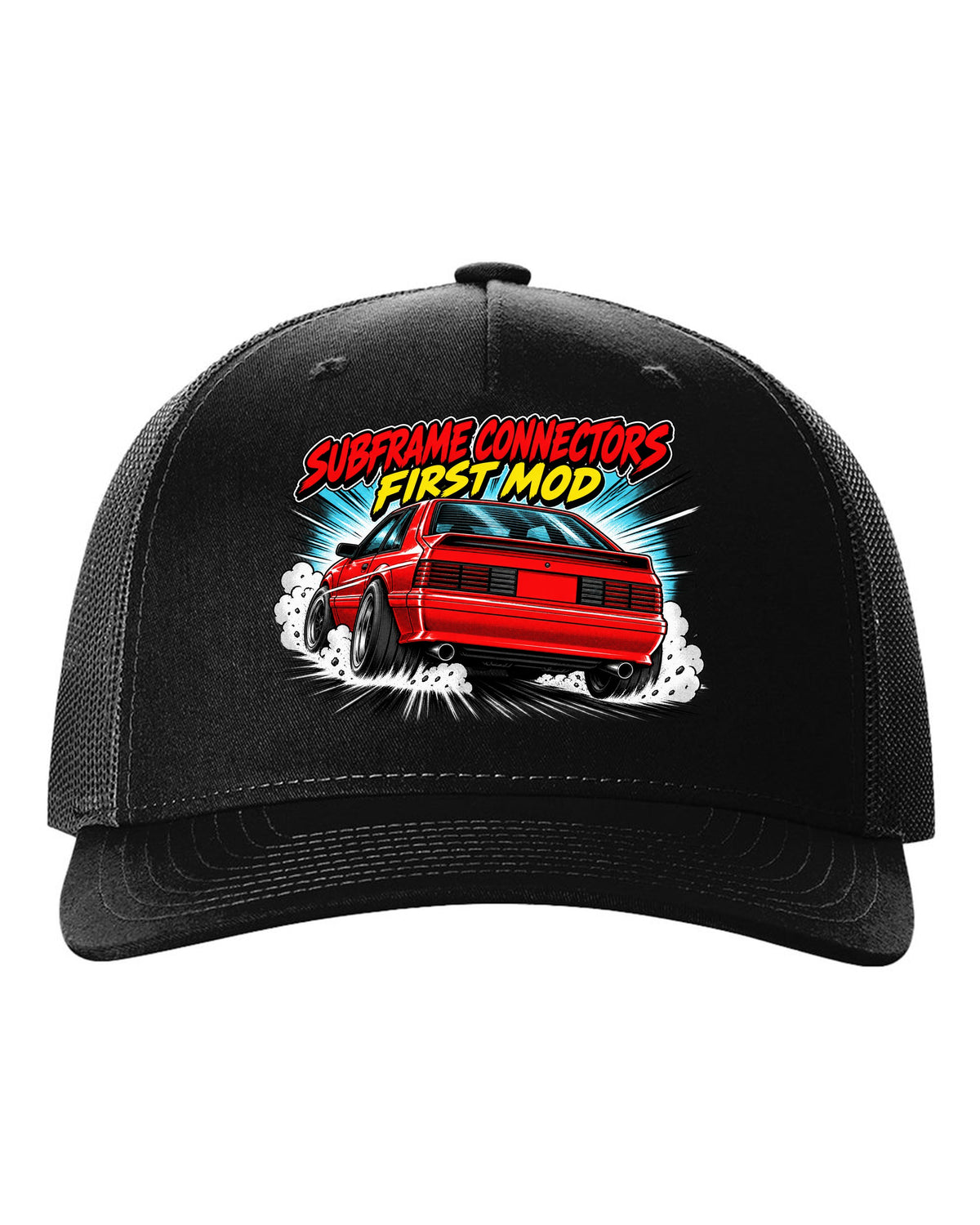Retro manga halftone panel print of a 1991 Ford Mustang Fox Body GT chback black hat front view with the design
