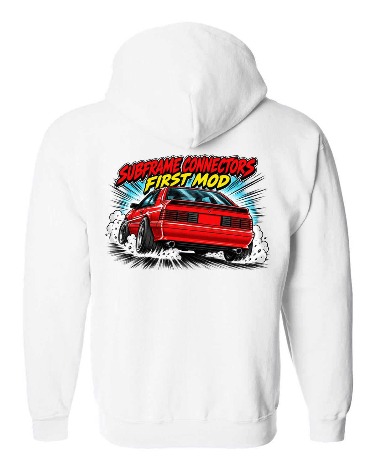 Retro manga halftone panel print of a 1991 Ford Mustang Fox Body GT chback white zip hoodie back view with the design