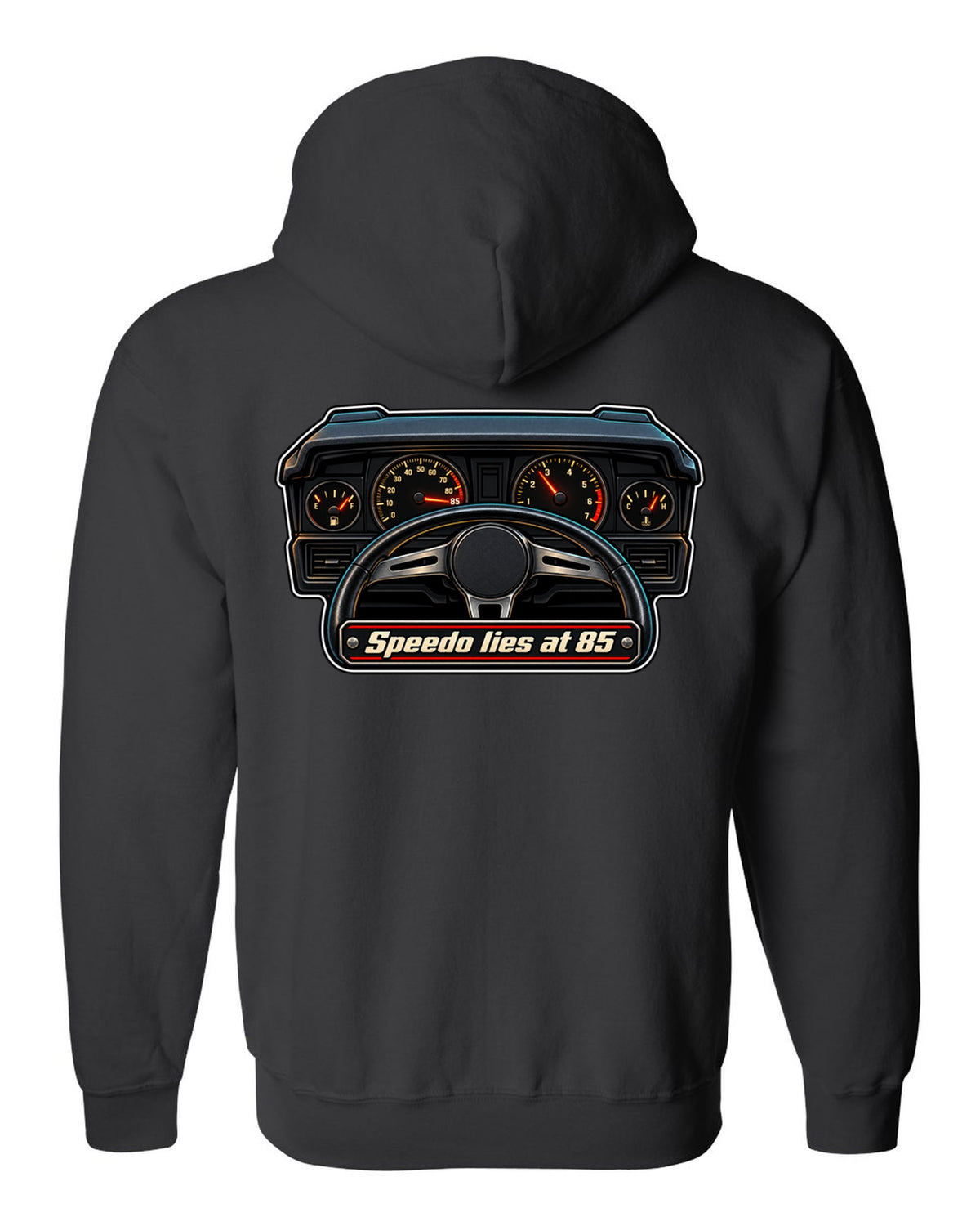 Gauge-cluster HUD print for a Ford Mustang Fox Body GT with speedo text black zip hoodie back view with the design