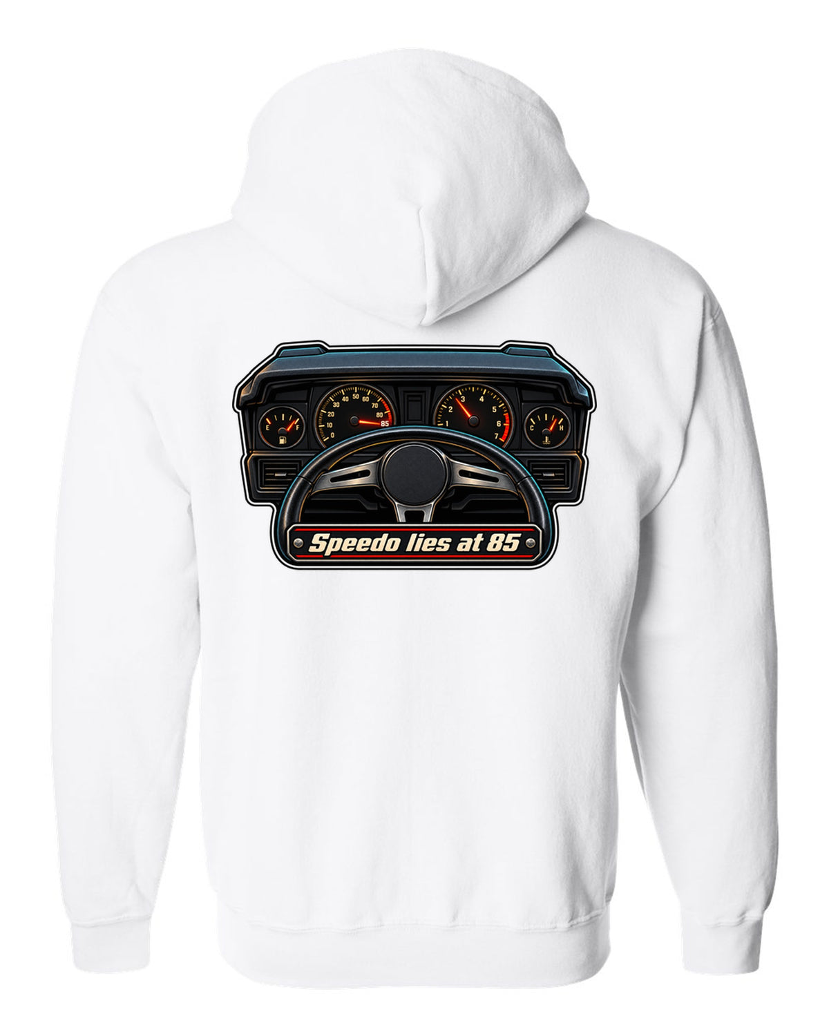 Gauge-cluster HUD print for a Ford Mustang Fox Body GT with speedo text white zip hoodie back view with the design
