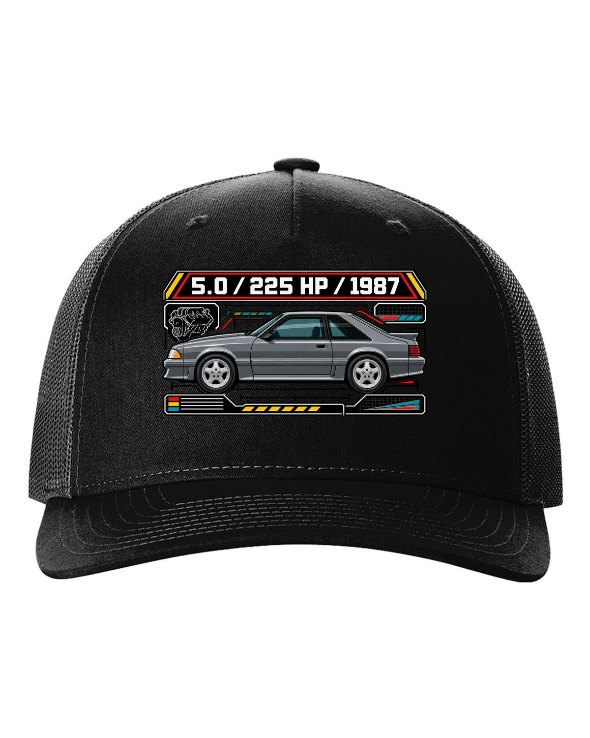 Spec-sheet data plate print of a 1987 Ford Mustang Fox Body GT chback black hat front view with the design